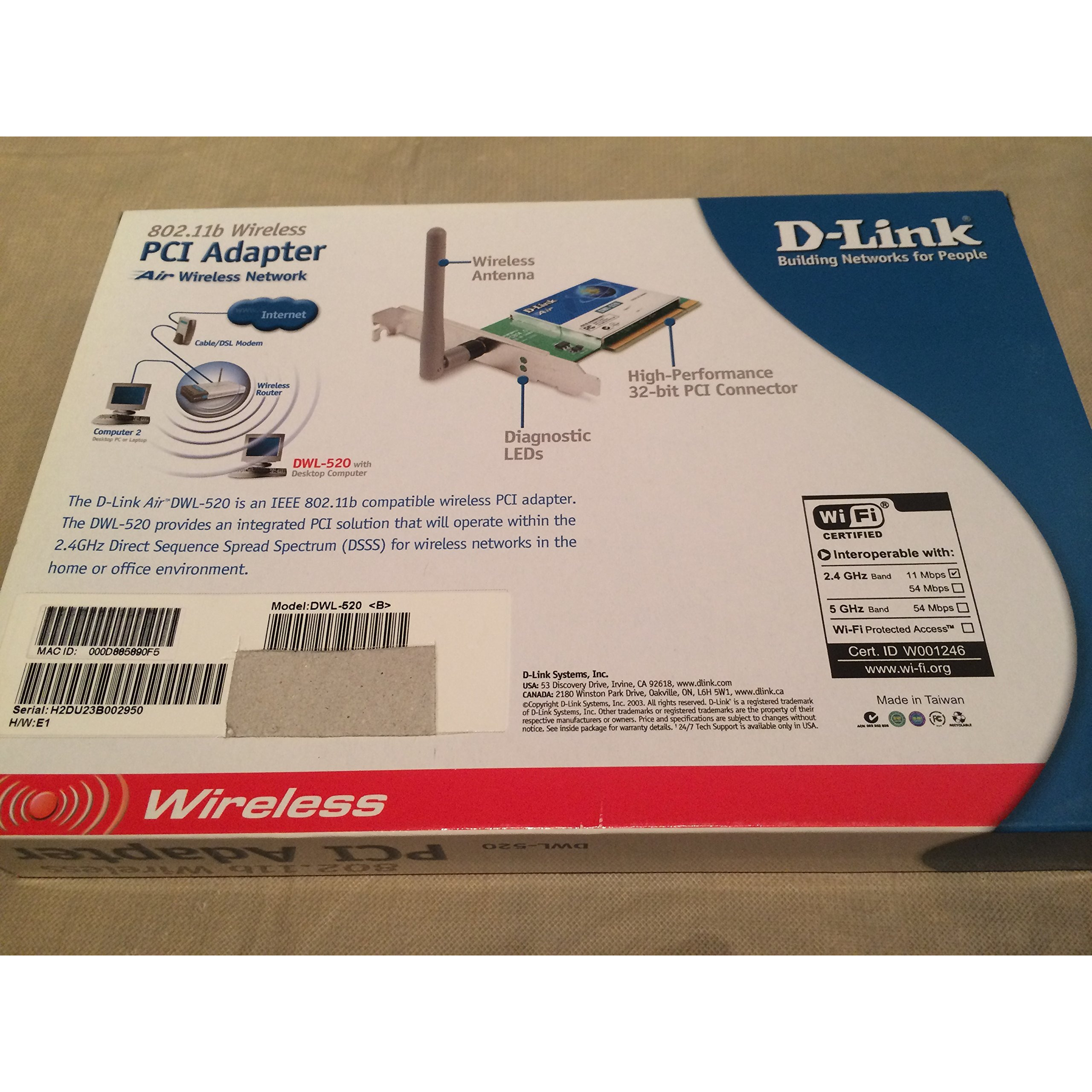 D-Link Dwl-520 Wireless Pci Adapter, 802.11B, 11Mbps