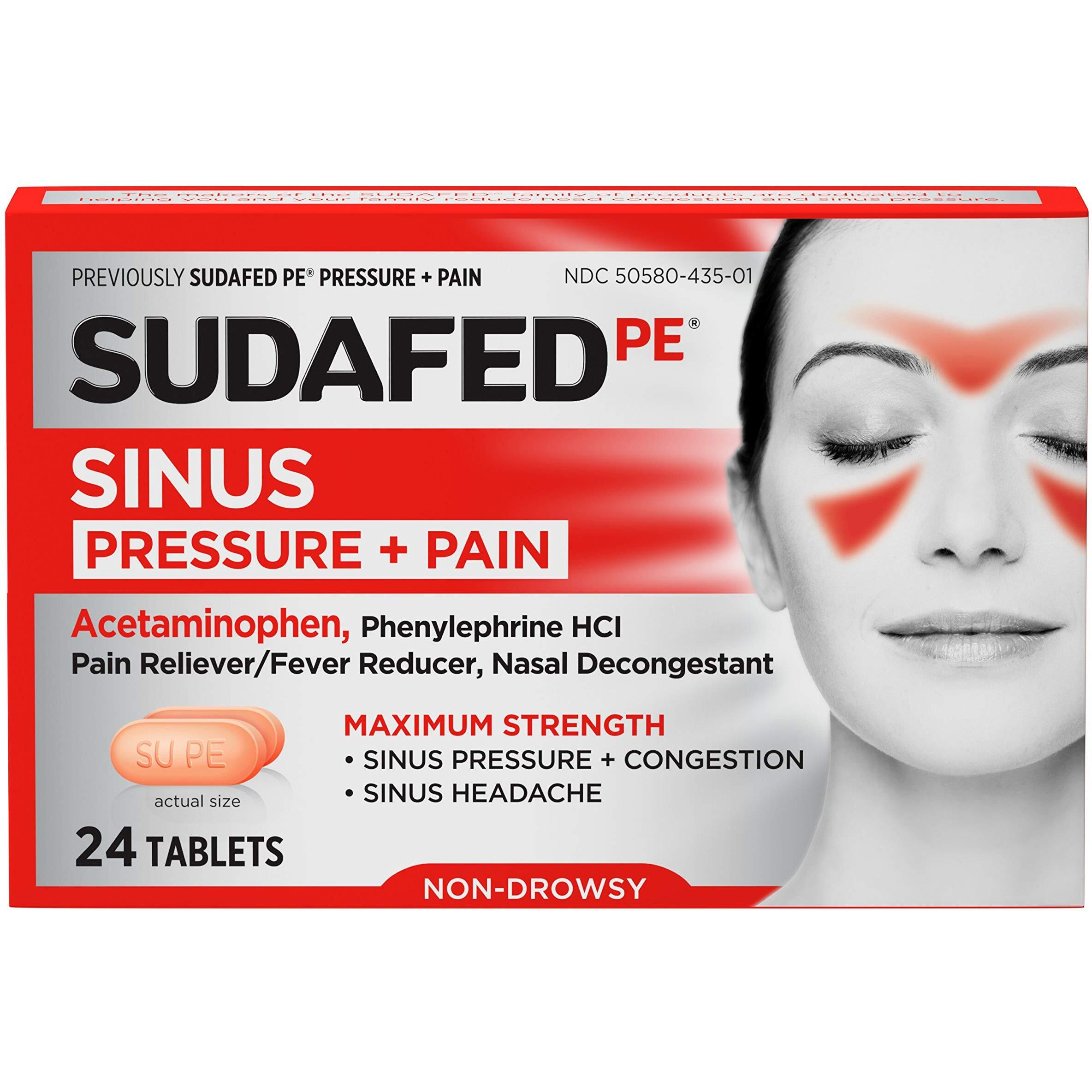 Sudafed Pe Sinus Pressure + Pain Relief Tablets, Maximum Strength, Non-Drowsy, Acetaminophen, Pain Reliever, Fever Reducer, Phenylephrine Hcl, Decongestant, Sinus Congestion Relief 24 Ct Pack Of 1