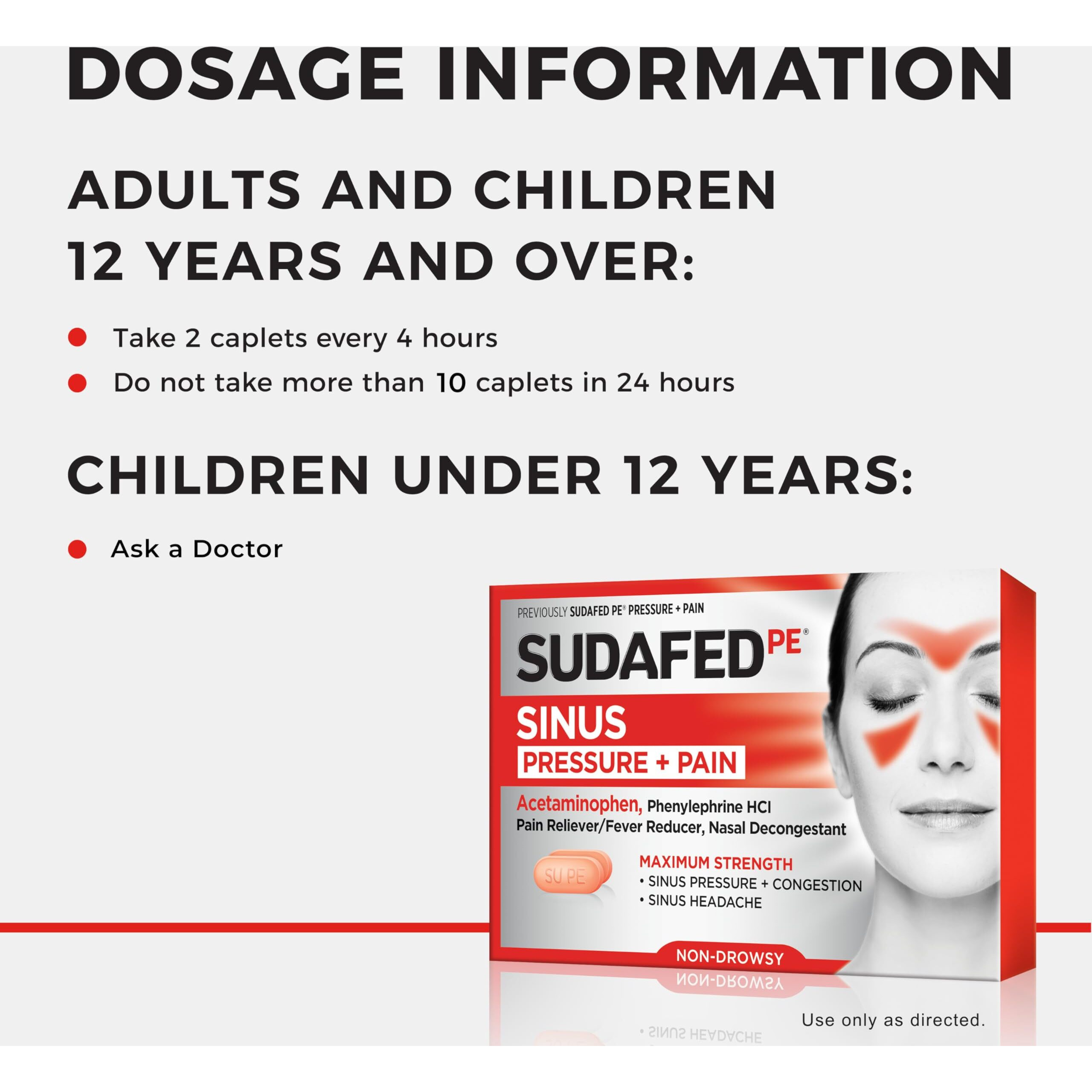 Sudafed Pe Sinus Pressure + Pain Relief Tablets, Maximum Strength, Non-Drowsy, Acetaminophen, Pain Reliever, Fever Reducer, Phenylephrine Hcl, Decongestant, Sinus Congestion Relief 24 Ct Pack Of 1