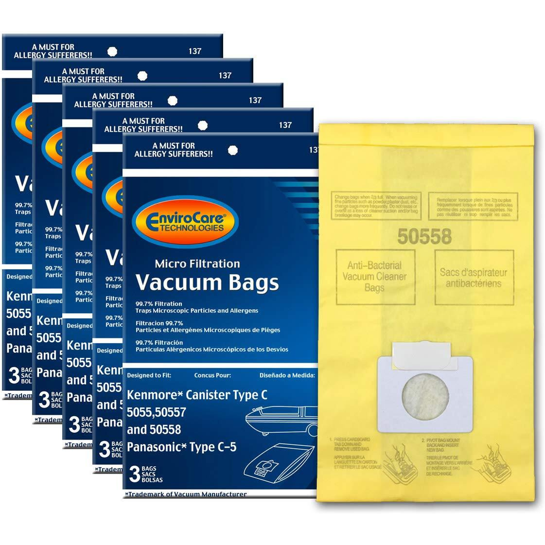 Envirocare Replacement Vacuum Bags Compatible With Kenmore Canister Type C/Q. 5055, 50557 And 50558 Panasonic Type C-5 Vacuums,15 Pack