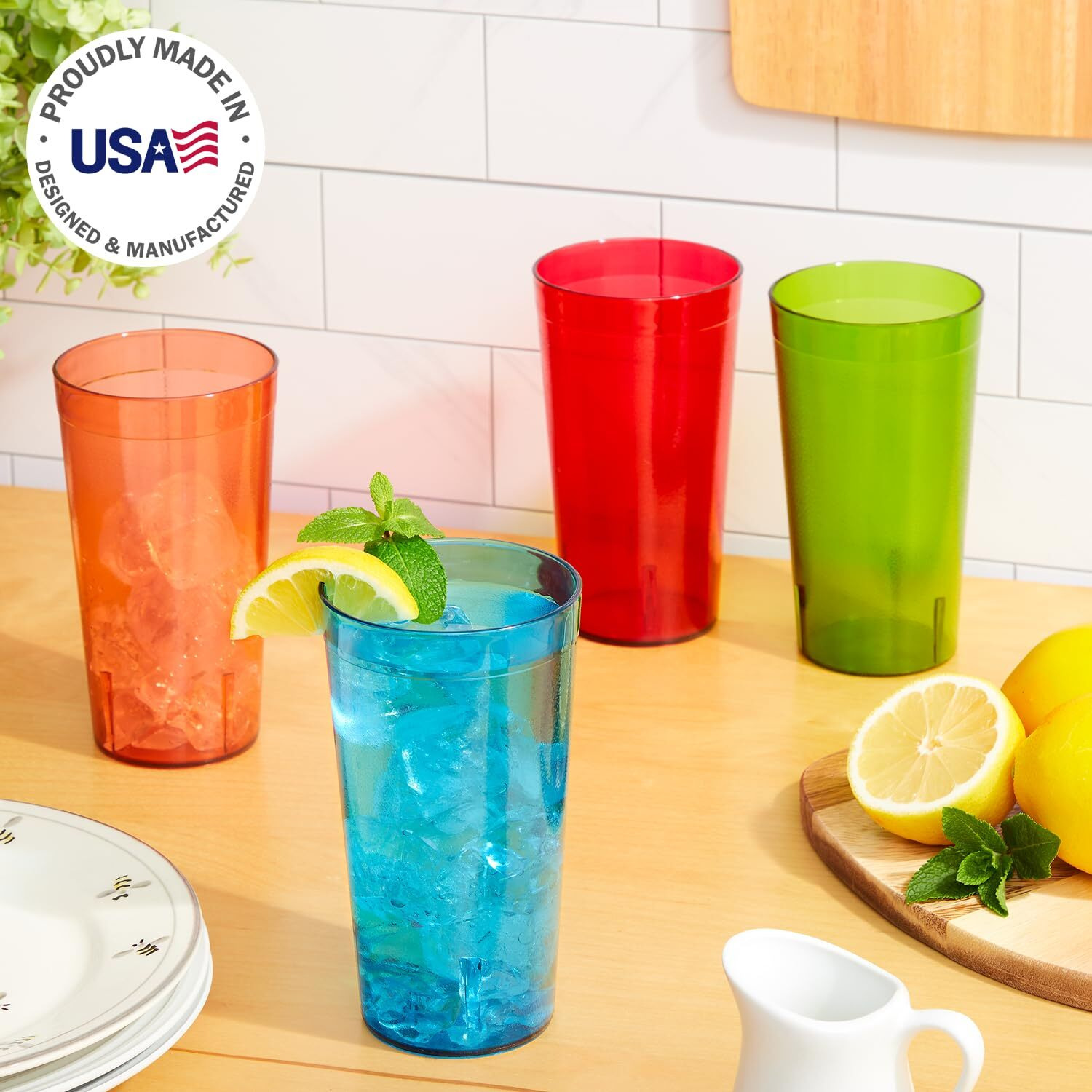 Us Acrylic Cafe Plastic Reusable Tumblers (Set Of 16) 20-Ounce Water Cups Assorted Colors | Restaurant Style Drinking Glasses Value Set, Stackable, Bpa-Free, Made In The Usa | Top-Rack Dishwasher Safe