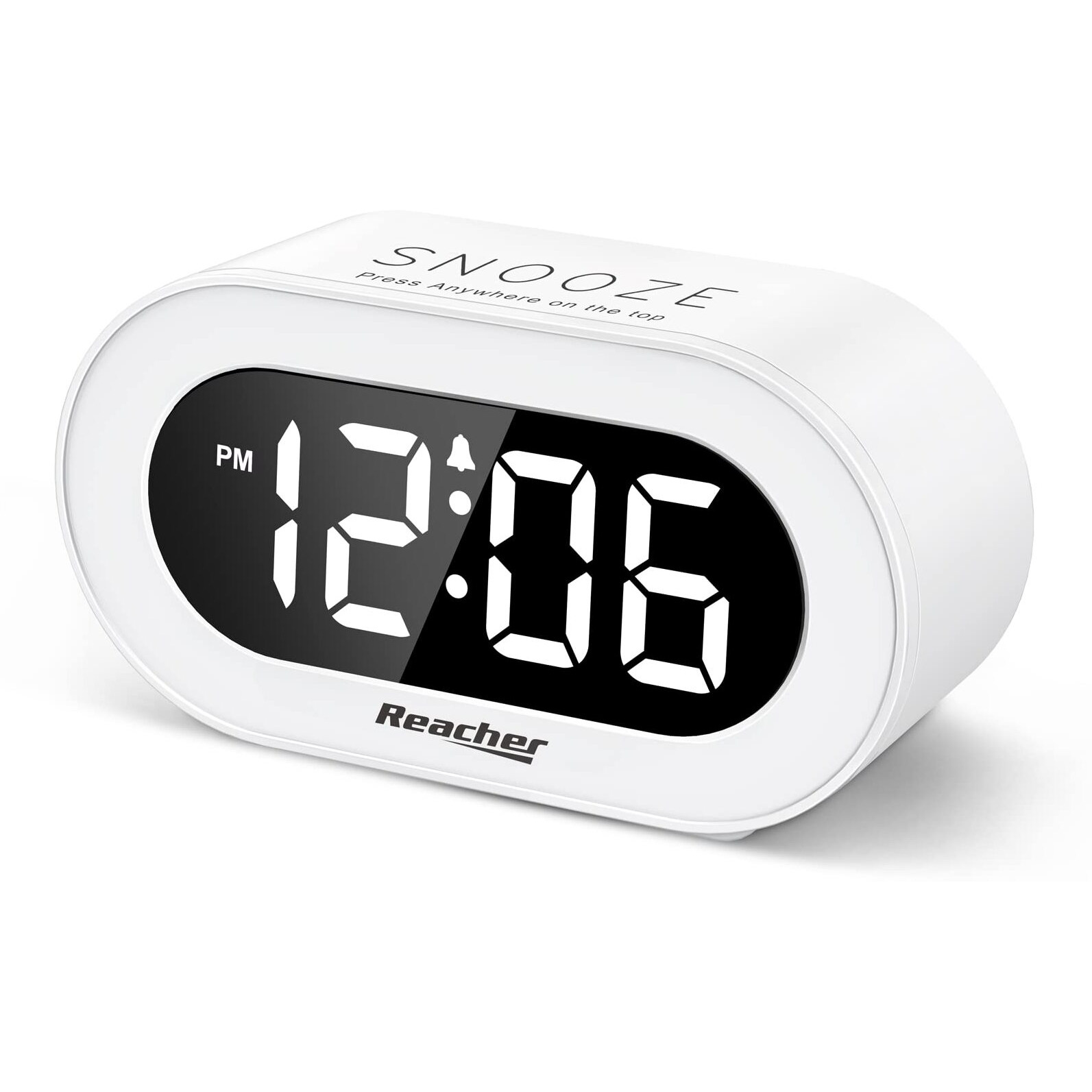 Reacher Small Led Digital Alarm Clock With Snooze, Simple To Operate, Full Range Brightness Dimmer, Adjustable Alarm Volume, Outlet Powered Compact Clock For Bedrooms, Bedside, Desk, Shelf(White)