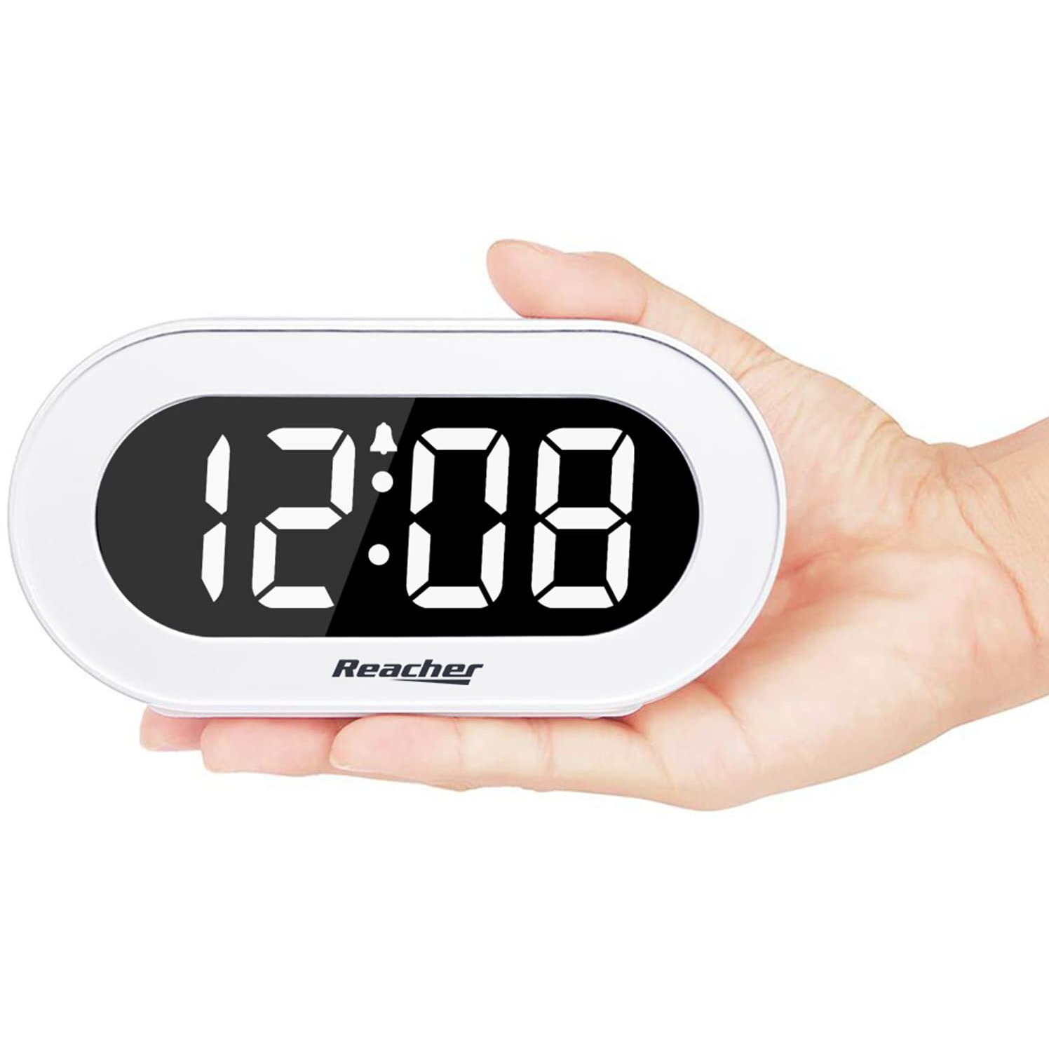 Reacher Small Led Digital Alarm Clock With Snooze, Simple To Operate, Full Range Brightness Dimmer, Adjustable Alarm Volume, Outlet Powered Compact Clock For Bedrooms, Bedside, Desk, Shelf(White)
