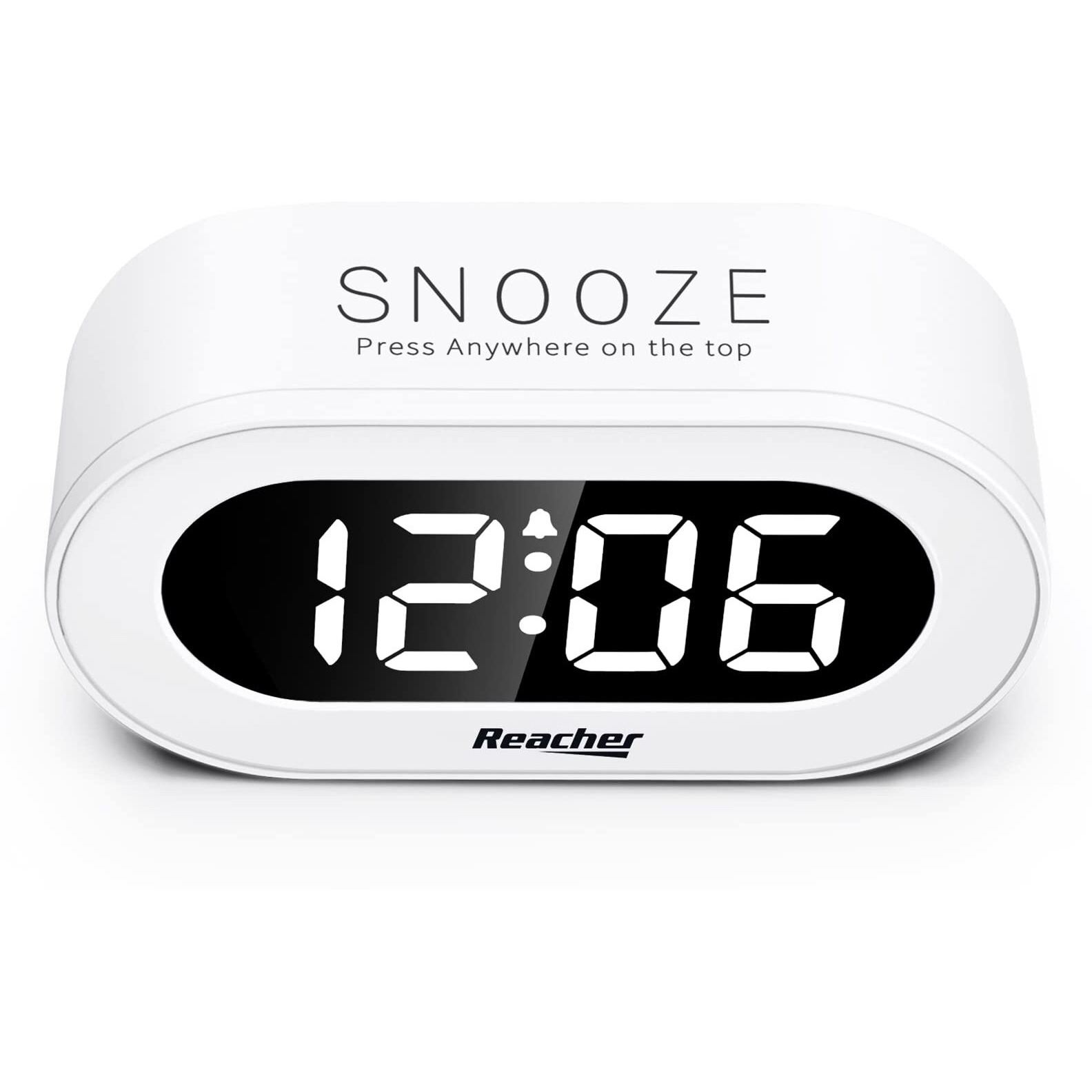 Reacher Small Led Digital Alarm Clock With Snooze, Simple To Operate, Full Range Brightness Dimmer, Adjustable Alarm Volume, Outlet Powered Compact Clock For Bedrooms, Bedside, Desk, Shelf(White)