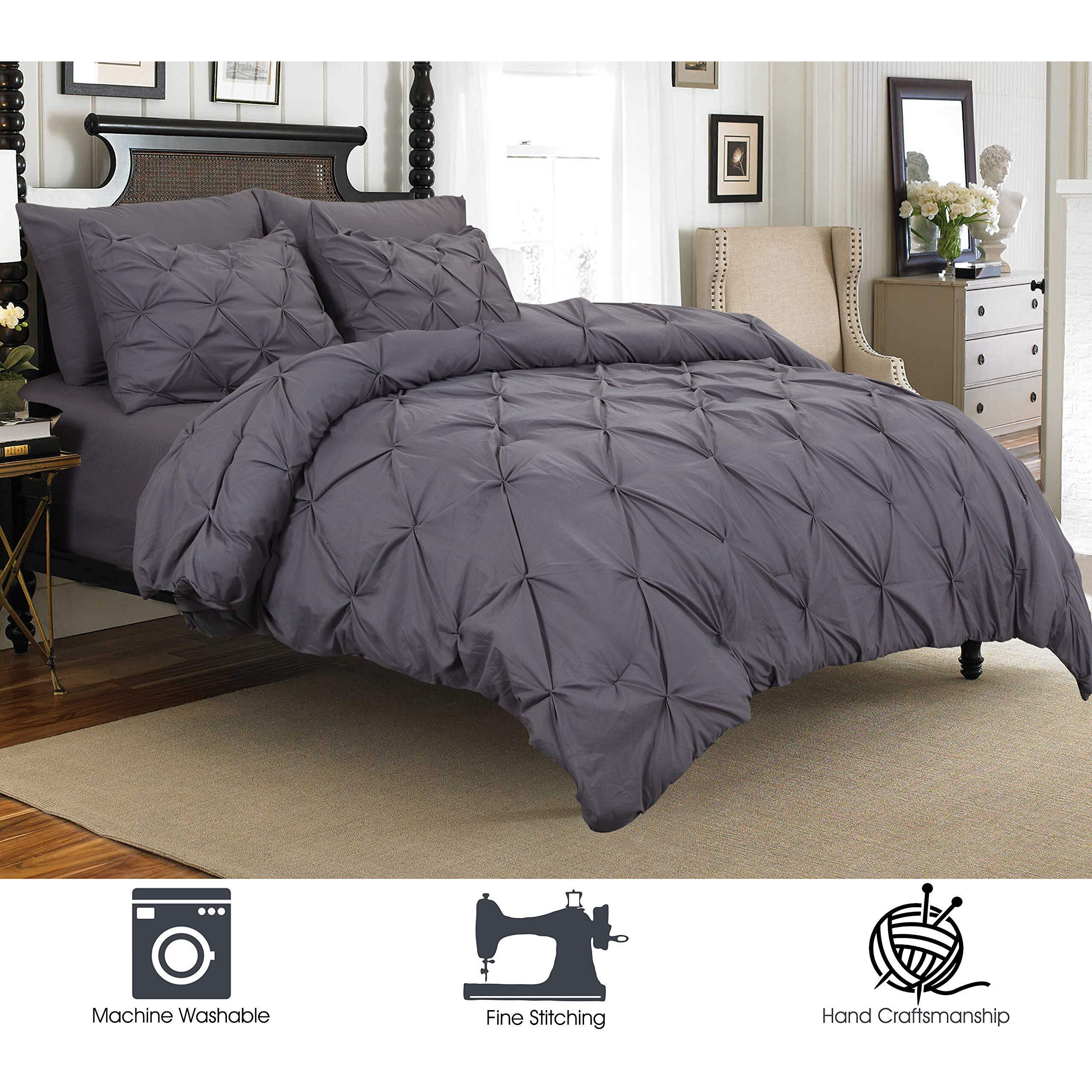 Elegant Comfort 3 Piece Pinch-Pleated Button Closure, Wrinkle-Resistant Ultra-Soft Microfiber Duvet Cover Set, Luxurious Pintuck D  Cor, King/California King, Kitty Gray