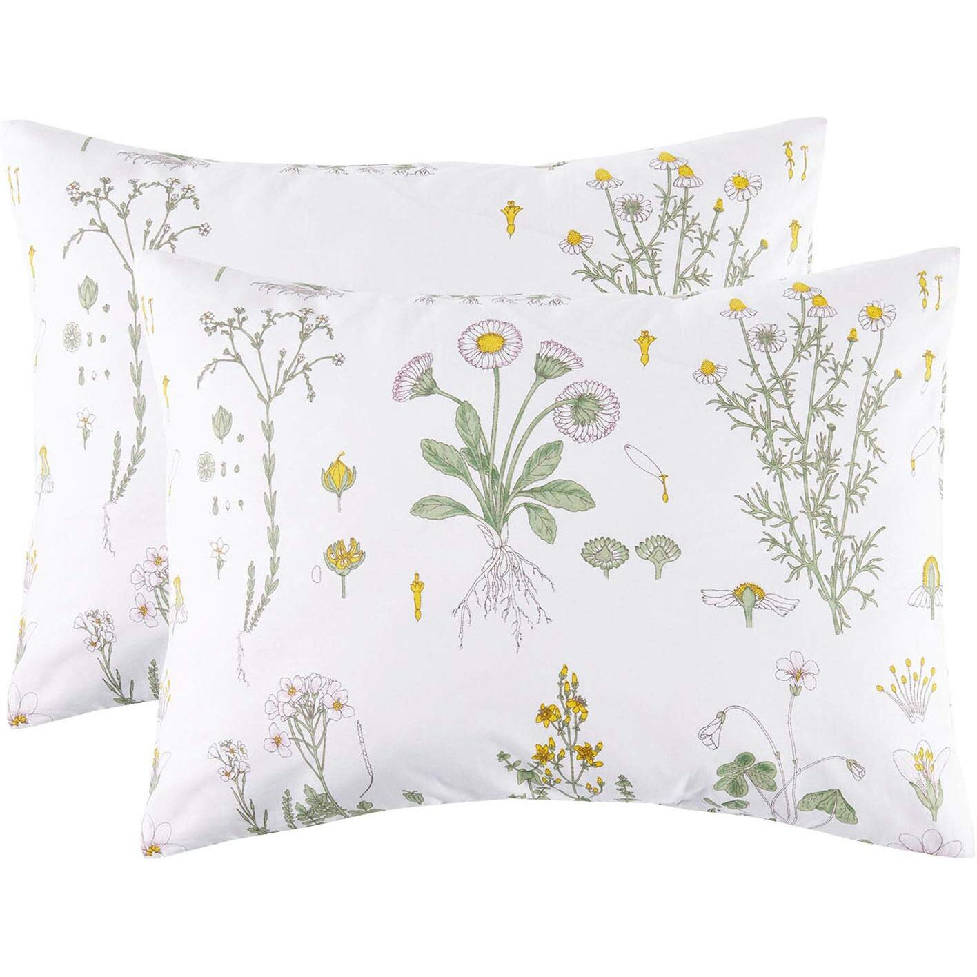 Wake In Cloud - Floral Pillow Cases, 100% Cotton Fabric, Flower Cottagecore Botanical Cute Pattern Printed, Set Of 2 Pillowcases Pillow Shams Covers, Yellow Green, King Size 20X36 Inches