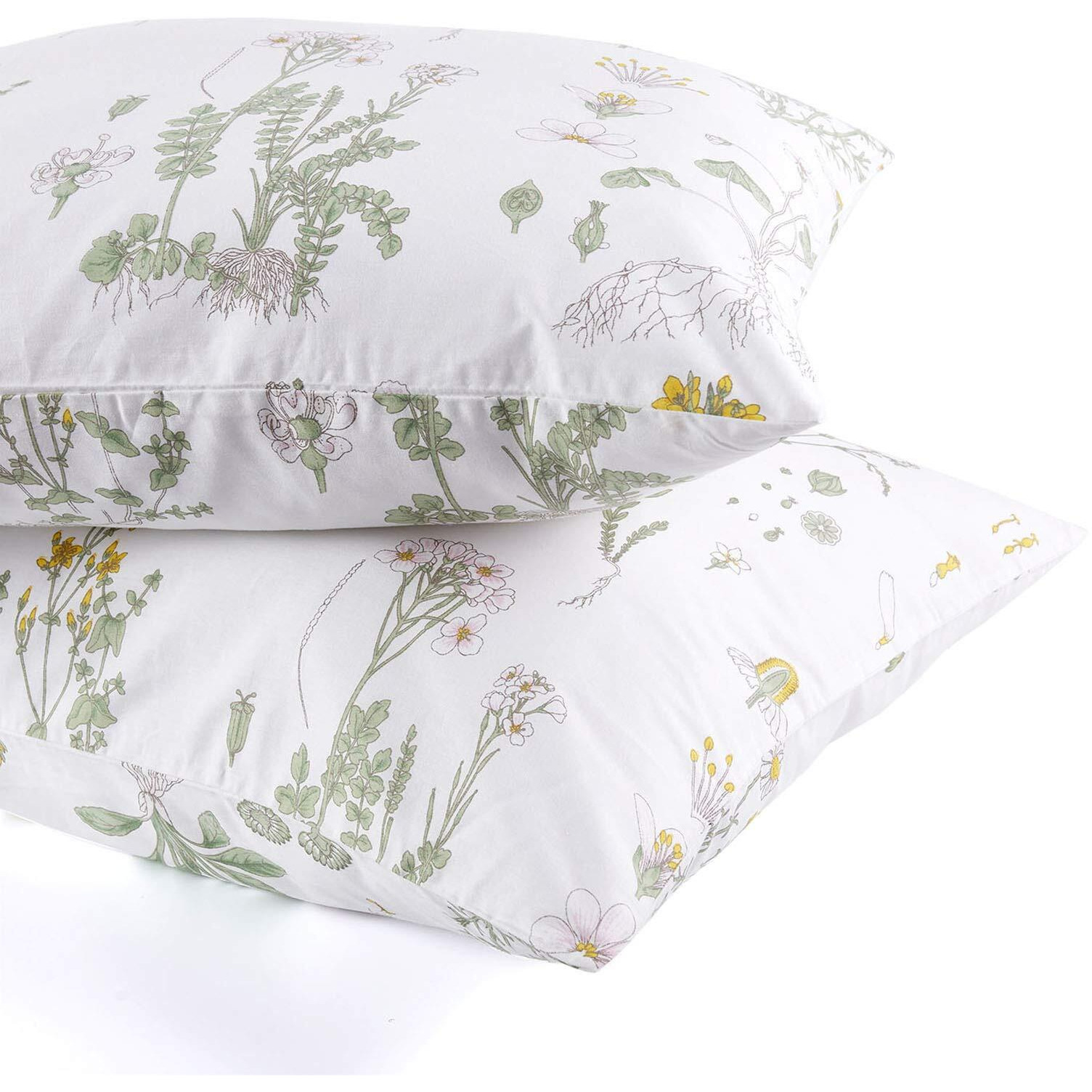 Wake In Cloud - Floral Pillow Cases, 100% Cotton Fabric, Flower Cottagecore Botanical Cute Pattern Printed, Set Of 2 Pillowcases Pillow Shams Covers, Yellow Green, King Size 20X36 Inches