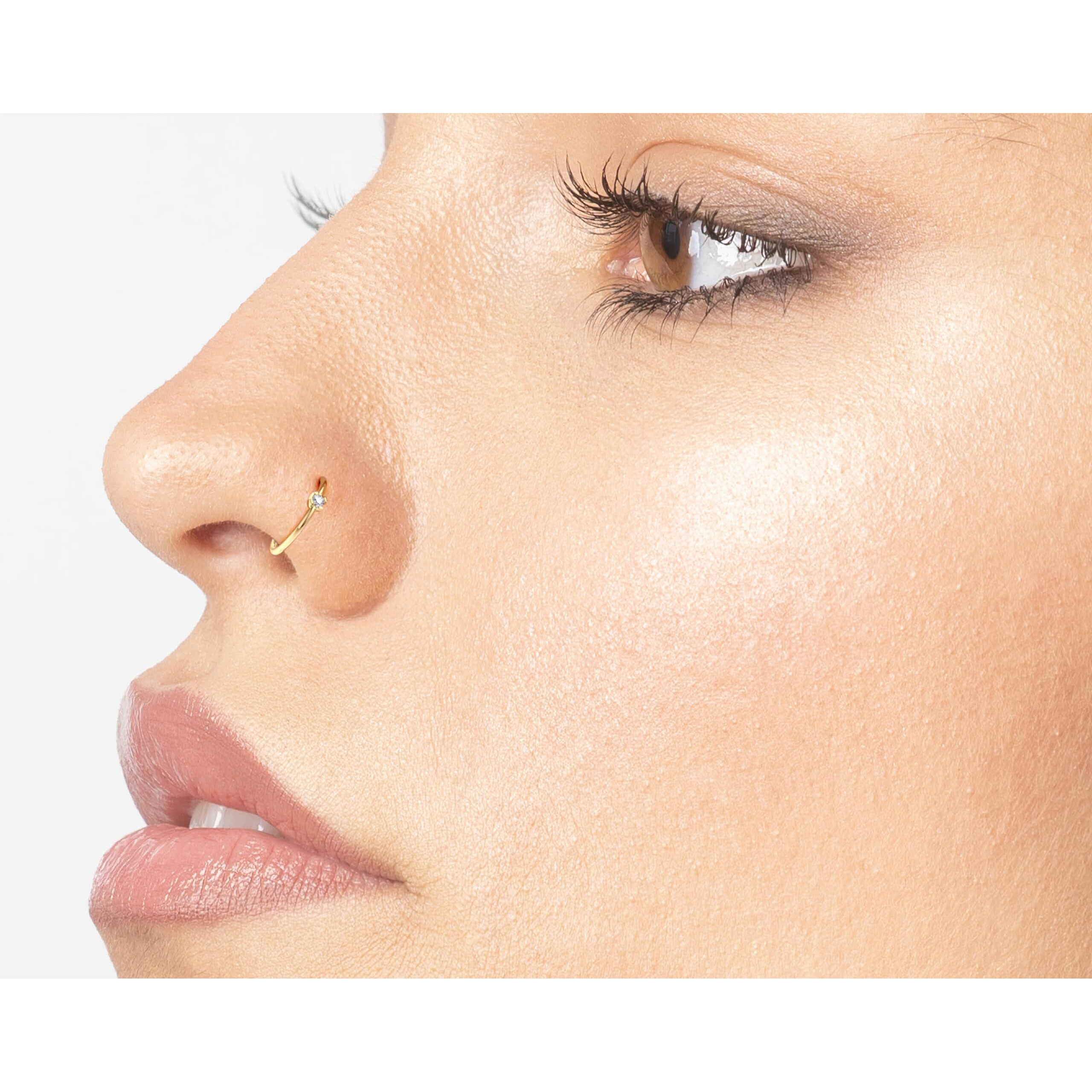 22 Gauge Open Hoop Nose Ring For Women I .01 Carat Diamond Nose Ring For Her I 14K Yellow Gold Nose Ring I 1.3Mm Unisex Stud Hypoallergenic Nostril Piercing Jewelry I 22G Body Piercing Lavari Jewelers