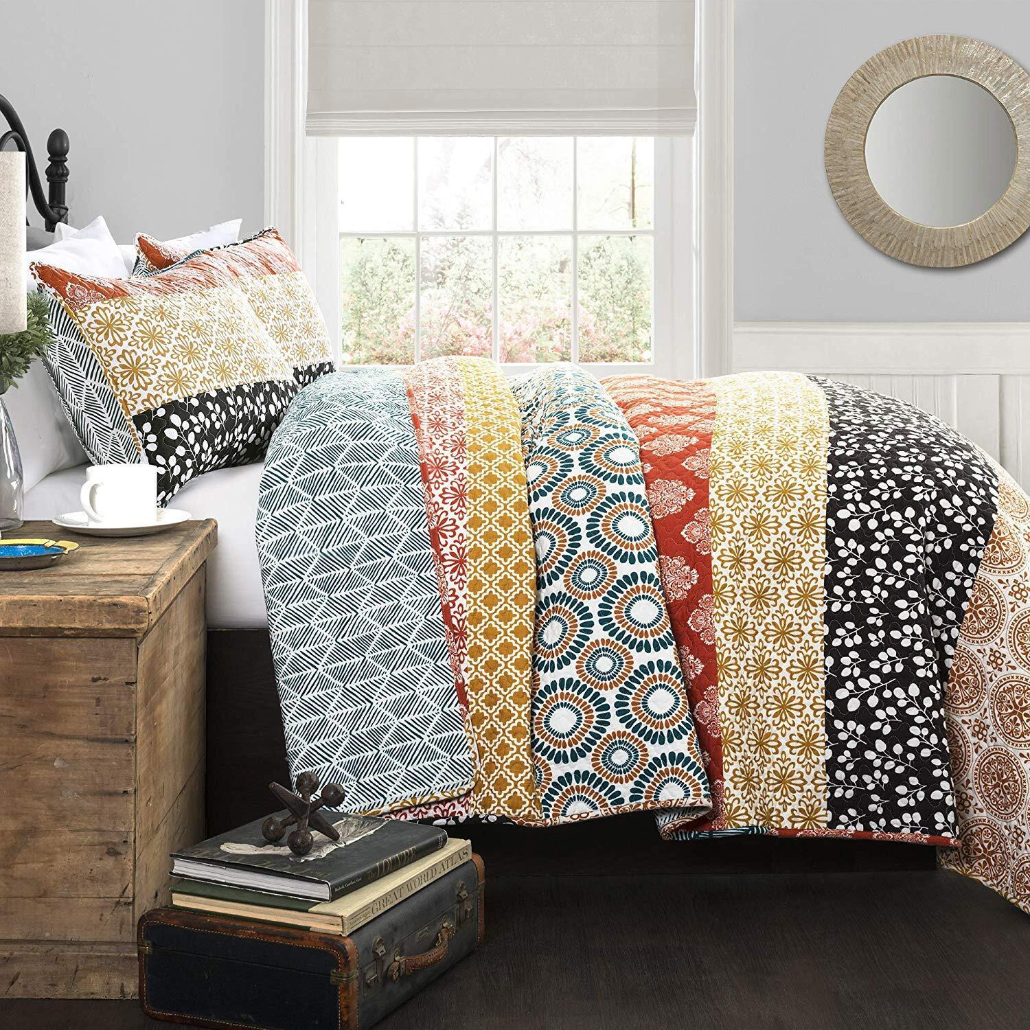 Lush Decor Bohemian Stripe Reversible Cotton Quilt Set, 3 Piece Set, King, Turquoise & Orange - Boho Bedding Set - Bold & Colorful - Striped Quilt - Maximalist & Boho Bedroom Decor