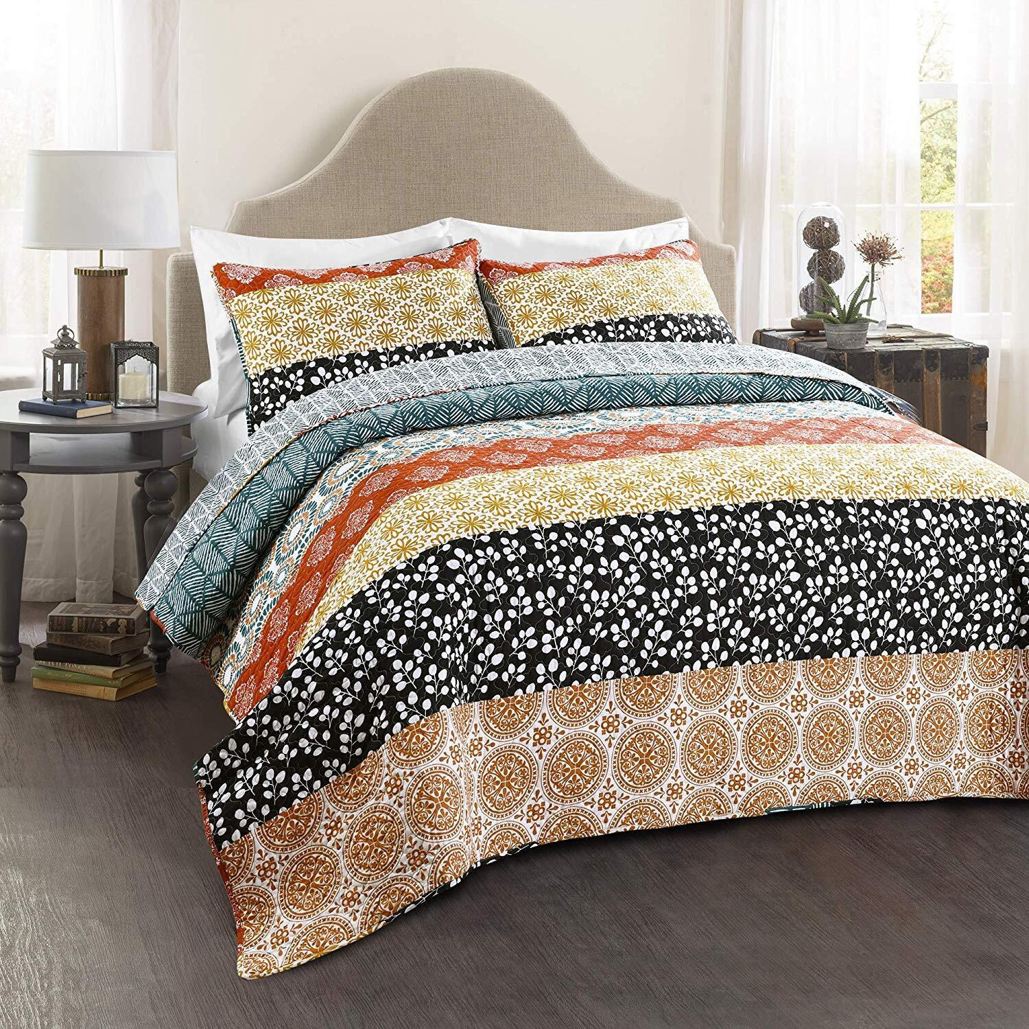 Lush Decor Bohemian Stripe Reversible Cotton Quilt Set, 3 Piece Set, King, Turquoise & Orange - Boho Bedding Set - Bold & Colorful - Striped Quilt - Maximalist & Boho Bedroom Decor