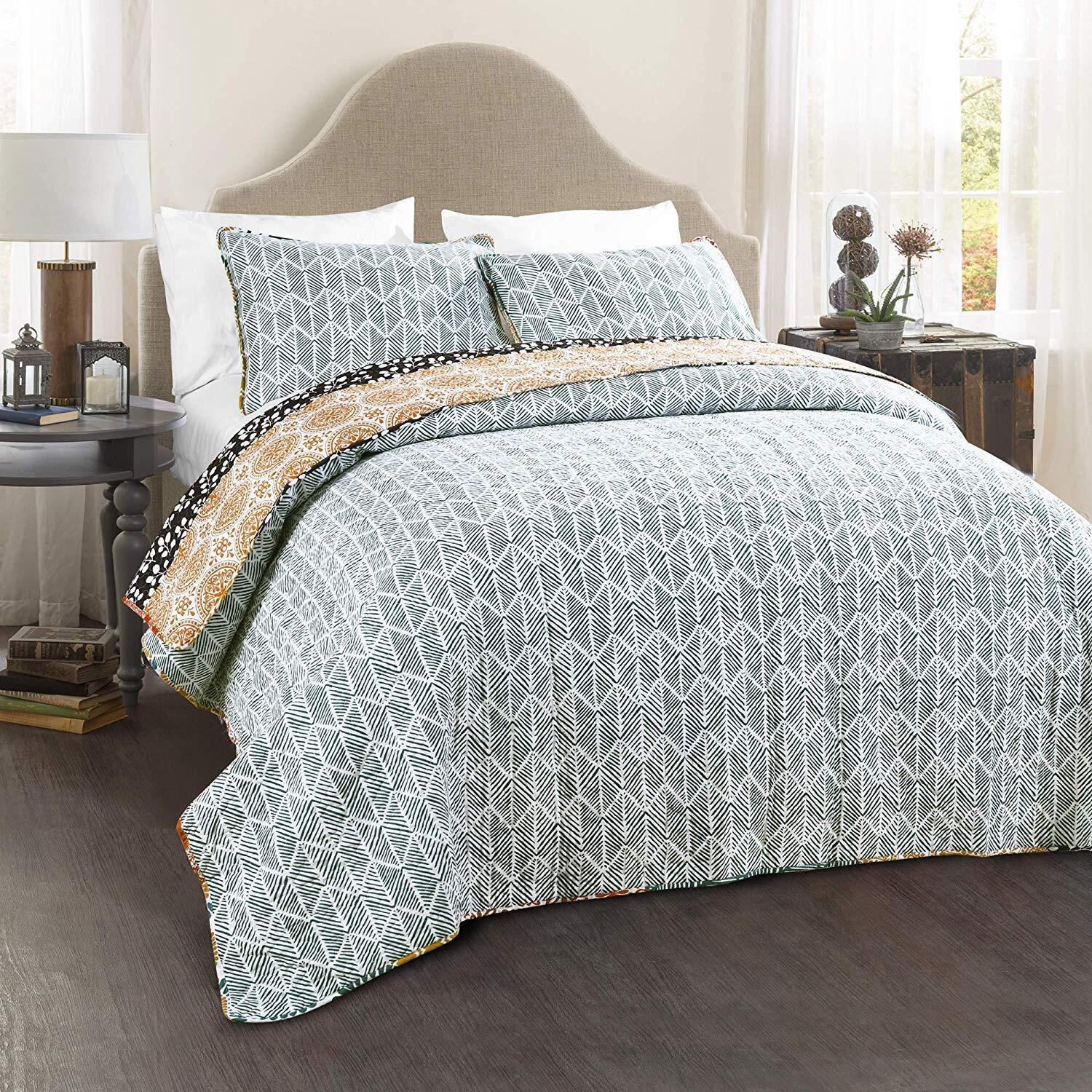 Lush Decor Bohemian Stripe Reversible Cotton Quilt Set, 3 Piece Set, King, Turquoise & Orange - Boho Bedding Set - Bold & Colorful - Striped Quilt - Maximalist & Boho Bedroom Decor