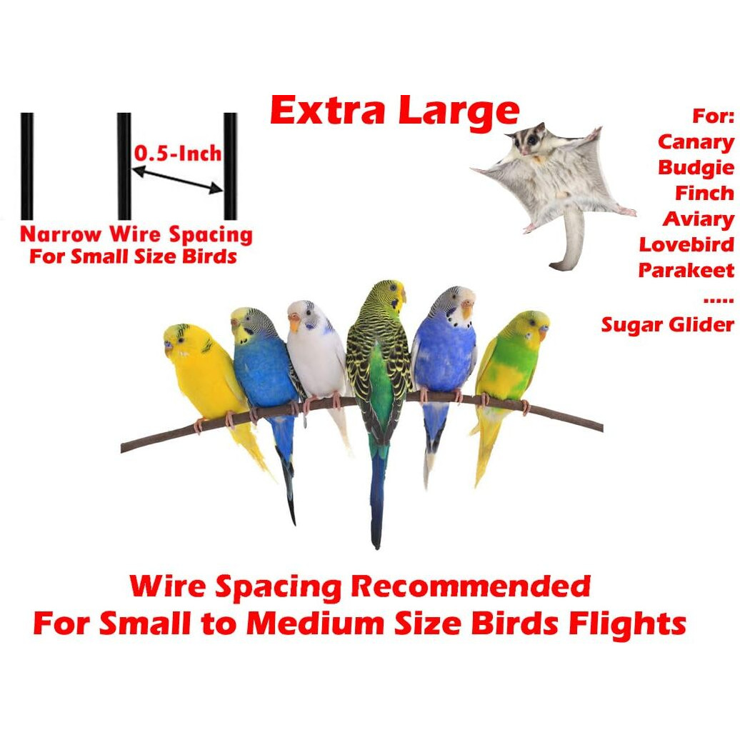 64"" Extra Large Tight 1/2-Inch Bar Spacing Wrought Iron Flight Canary Parakeet Cockatiel Lovebird Finch Home Cage Side Nesting Box Doors With Removable Rolling Stand