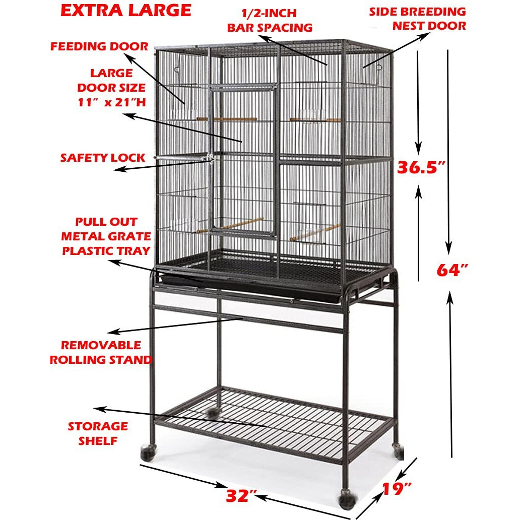 64"" Extra Large Tight 1/2-Inch Bar Spacing Wrought Iron Flight Canary Parakeet Cockatiel Lovebird Finch Home Cage Side Nesting Box Doors With Removable Rolling Stand