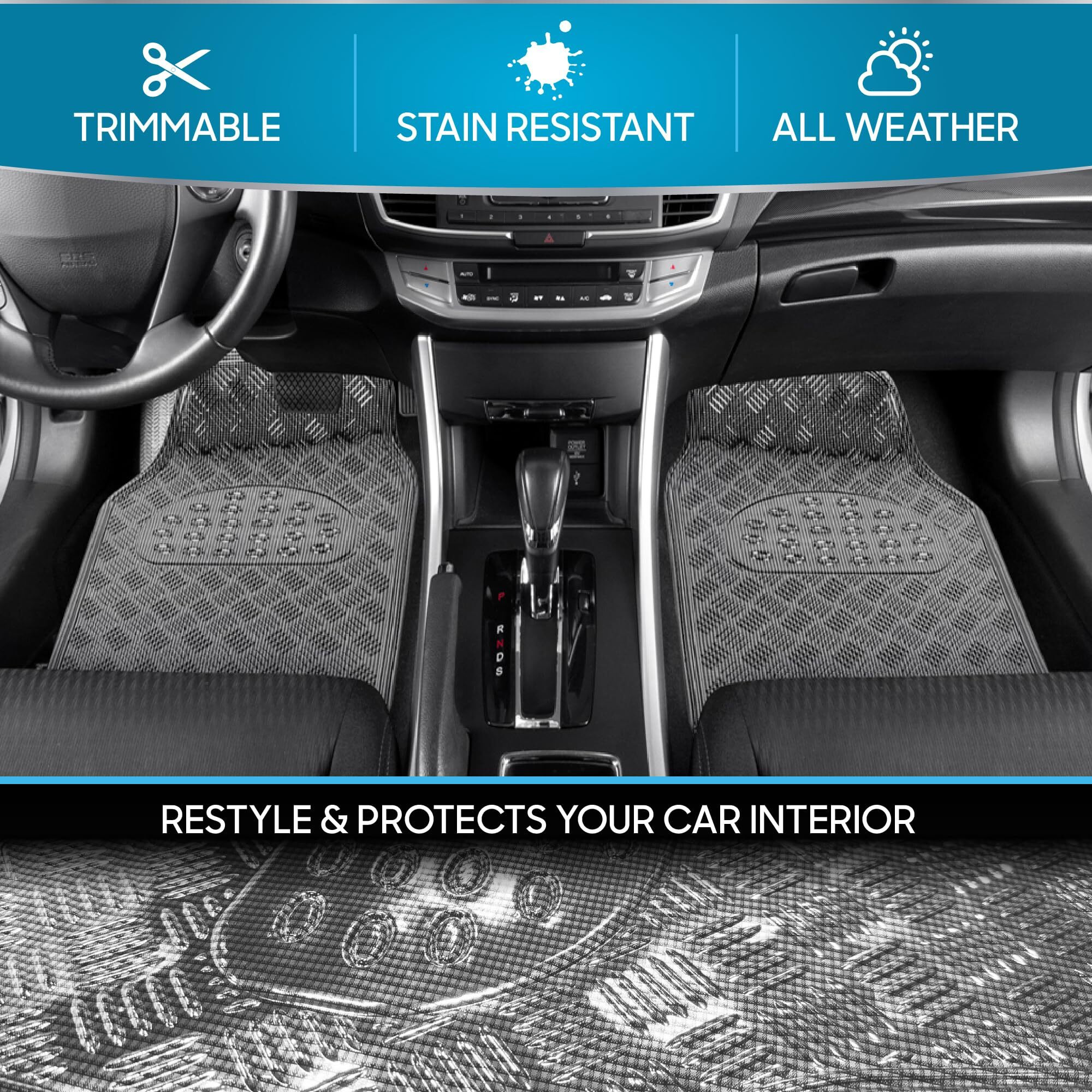 Bdk Universal Fit 4-Piece Set Metallic Design Car Floor Mat - Heavy Duty All Weather With Rubber Backing (Carbon), Mt-642-Cb