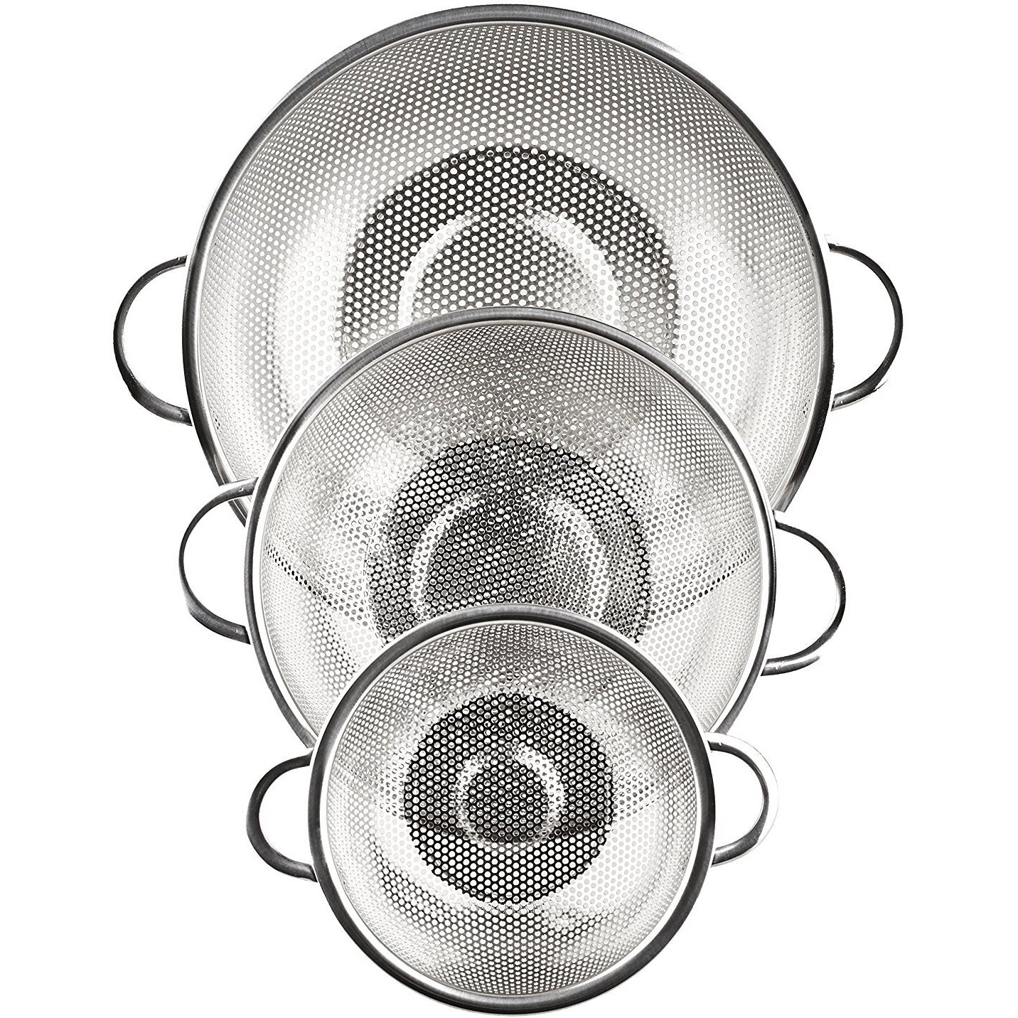 Hlm 3-Piece Stainless Steel Mesh Micro-Perforated Strainer Colander Set (1-Quart, 2.5-Quart And 4.5-Quart)