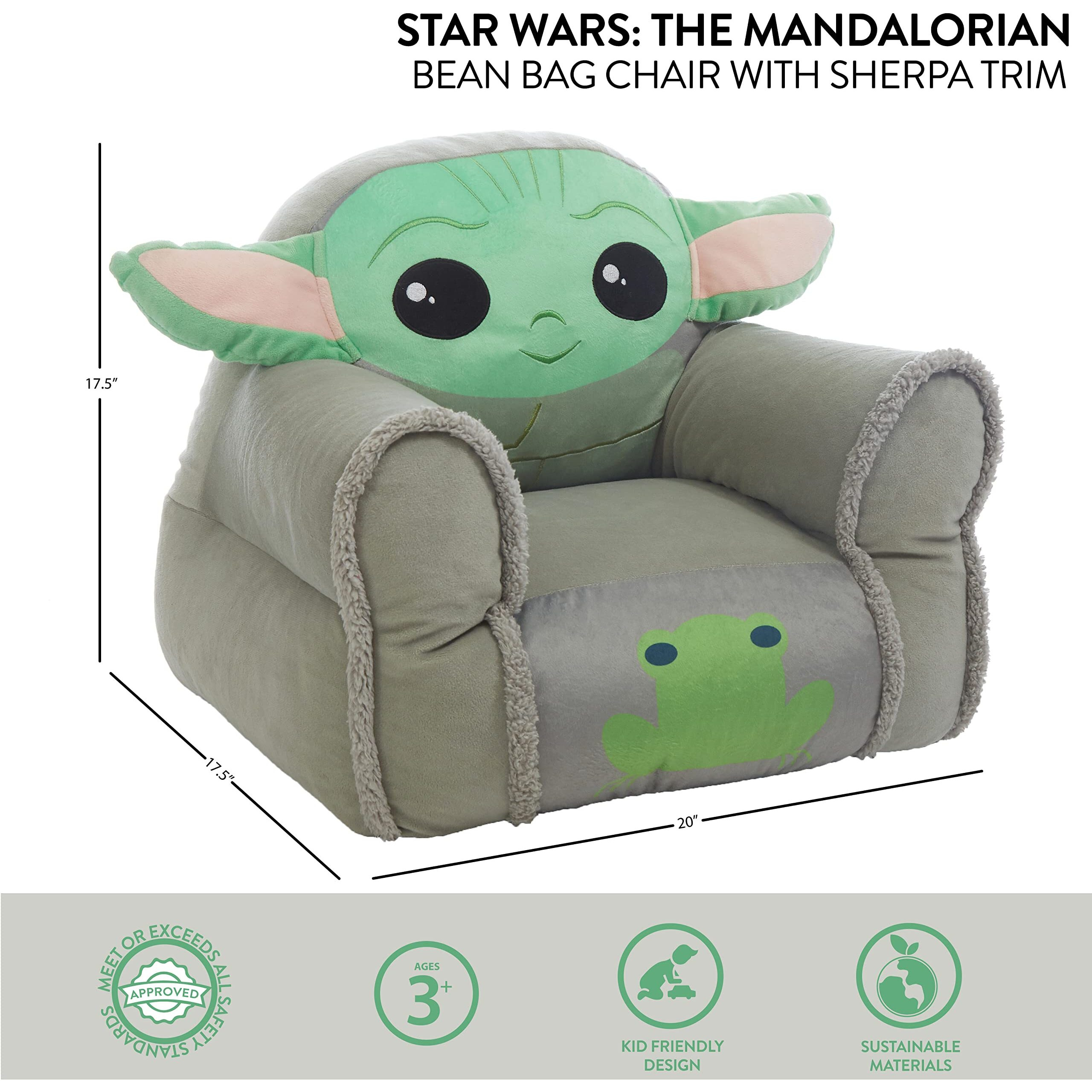 Idea Nuova Figural Mink With Sherpa Trim Bean Bag Chair For Toddlers And Kids, Star Wars Grogu