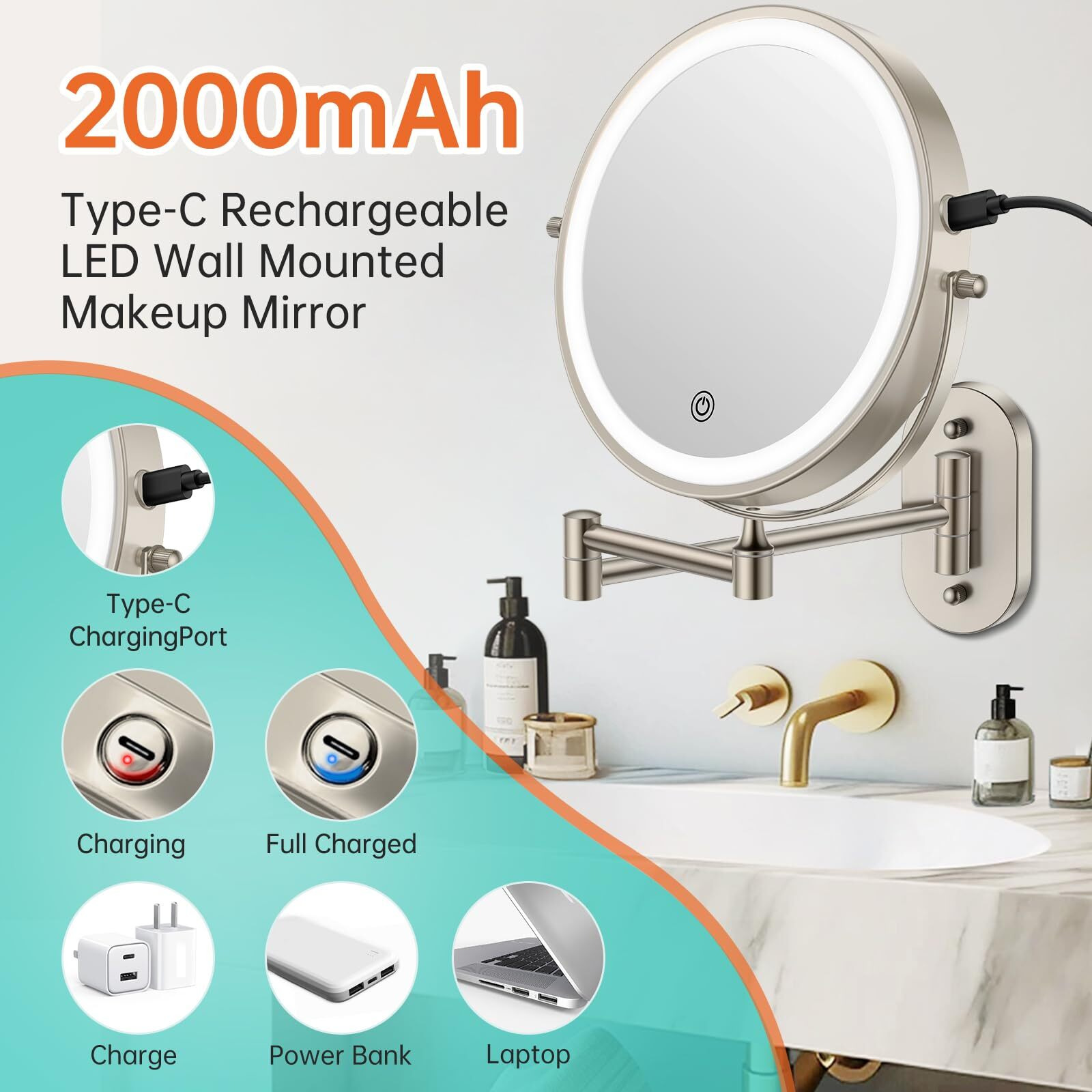 Rechargeable Wall Mounted Lighted Makeup Vanity Mirror 8 Inch Double Sided 1X 10X Magnifying Bathroom Mirror, 3 Color Lighting, Touch Screen Dimming, Extended Arm 360 Rotation Shaving Light Up Mirror