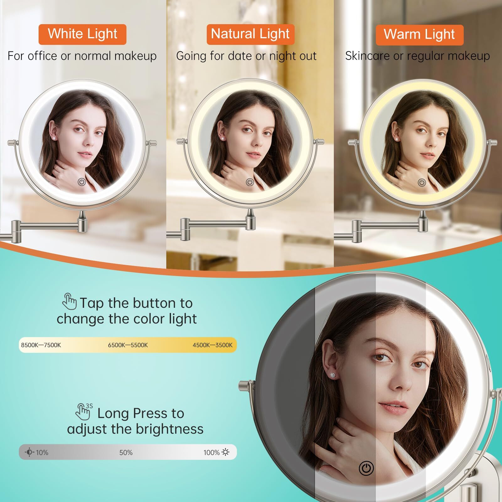 Rechargeable Wall Mounted Lighted Makeup Vanity Mirror 8 Inch Double Sided 1X 10X Magnifying Bathroom Mirror, 3 Color Lighting, Touch Screen Dimming, Extended Arm 360 Rotation Shaving Light Up Mirror