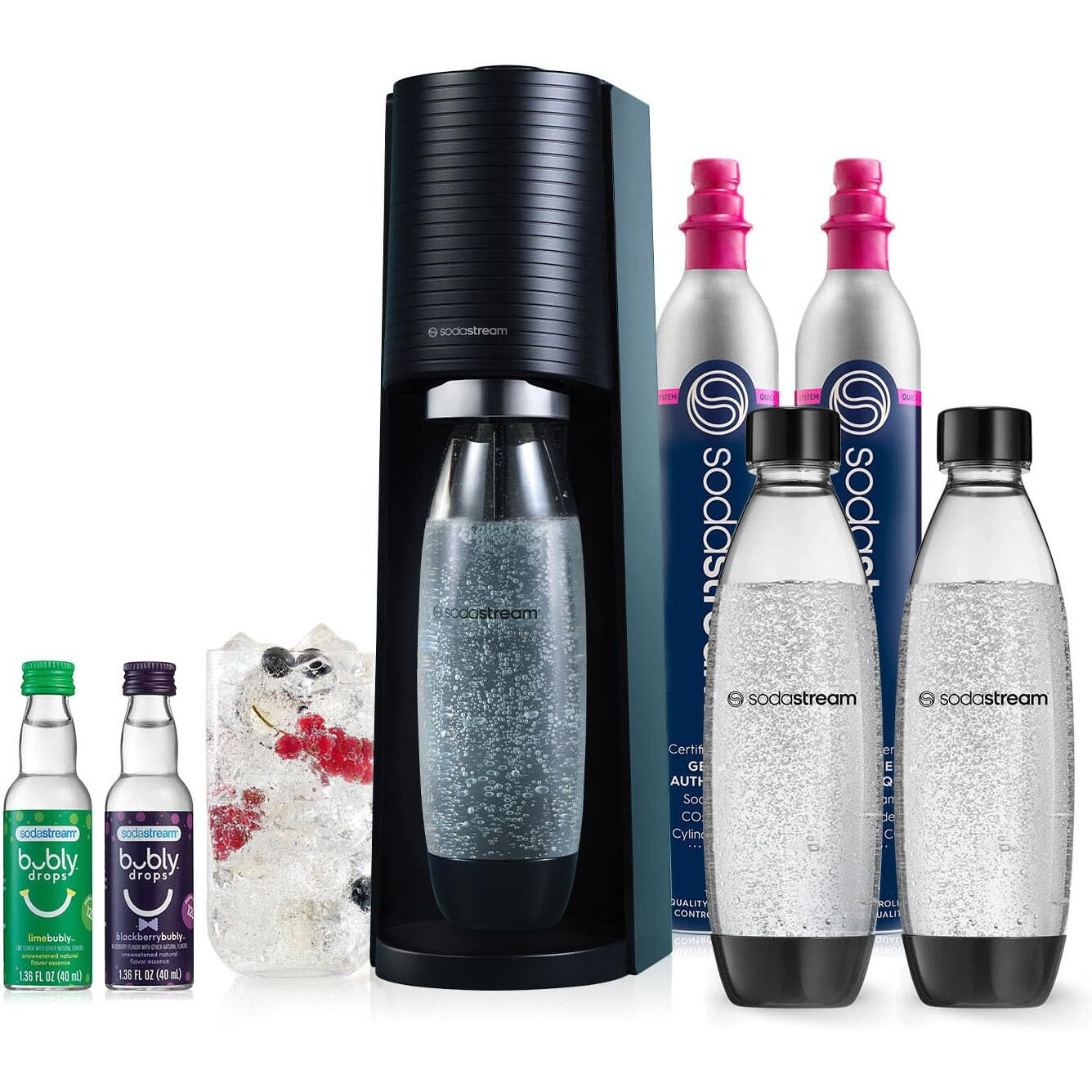 Sodastream Terra Sparkling Water Maker Bundle (Black), With Co2, Dws Bottles, And Bubly Drops Flavors