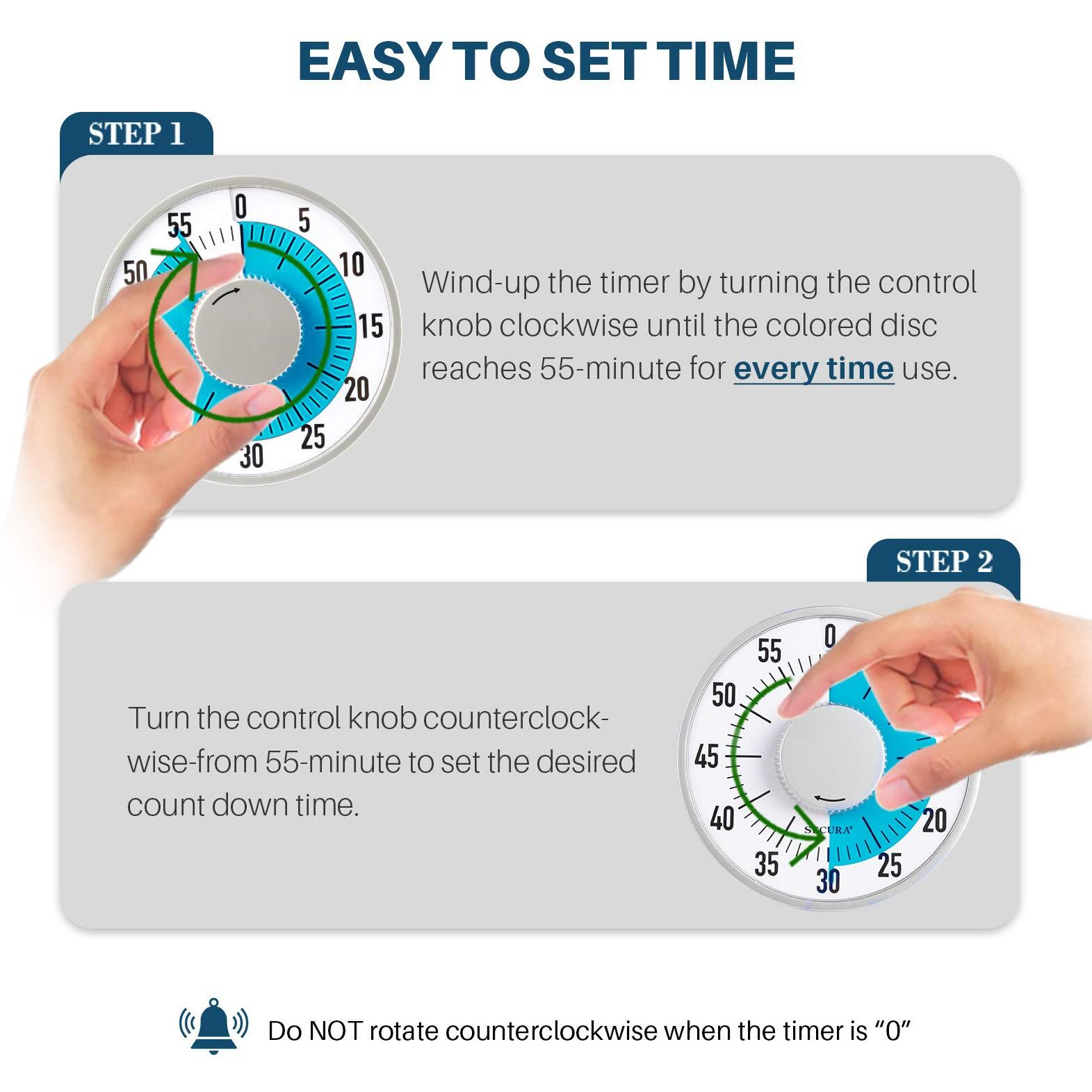 Secura 60-Minute Visual Timer 6-Inch Mechanical Countdown Timers For Teaching, Meeting, Cooking, Working - Timer For Kids With Magnetic Backing, Foldable Legs, Hanging Hole (Blue)