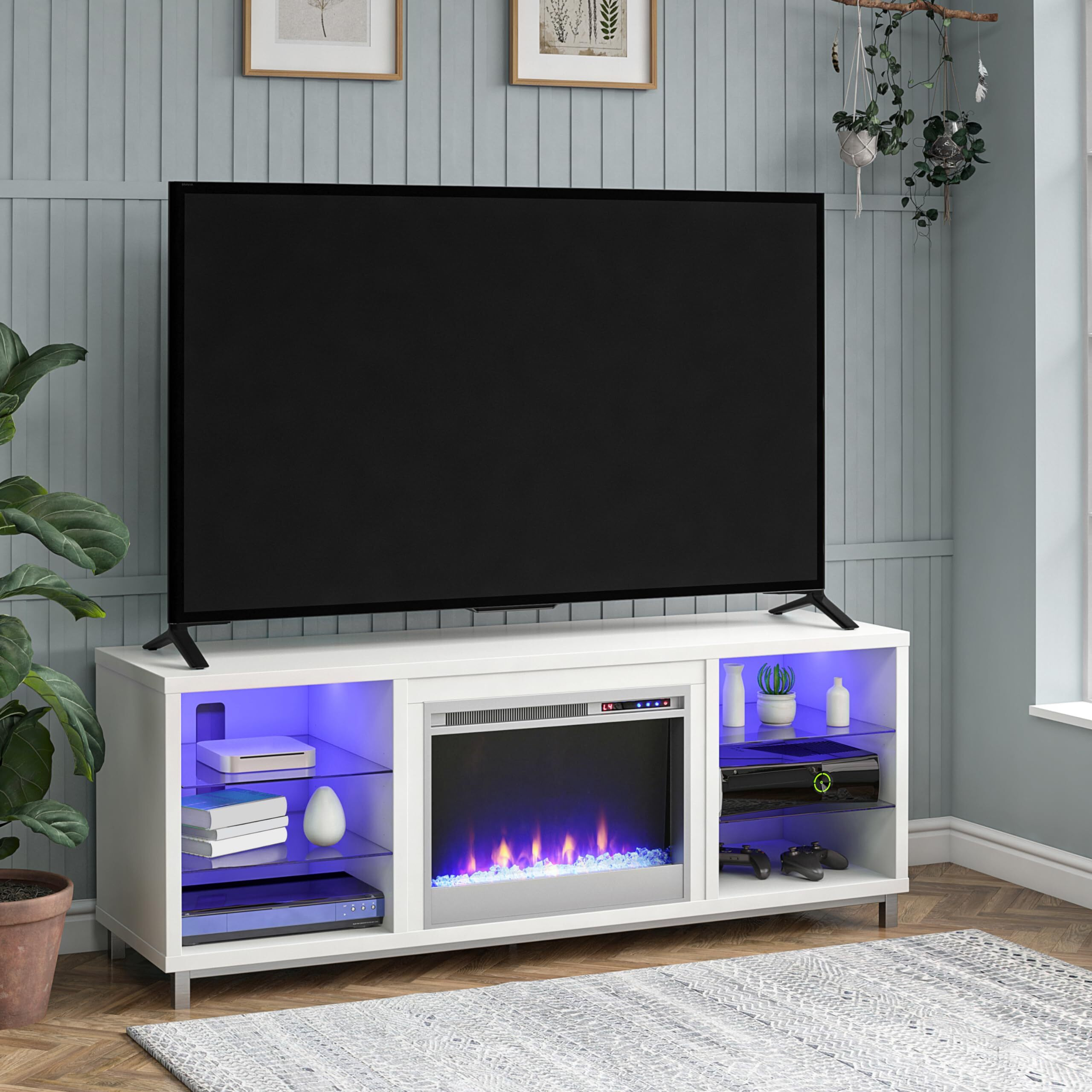 Ameriwood Home Lumina Fireplace Tv Stand For Tvs Up To 70 Inch, Replaceable Electric Fireplace Insert Heater, Remote Control, Timer, Color Changing Led Lights, Crystal Ember Flames, White