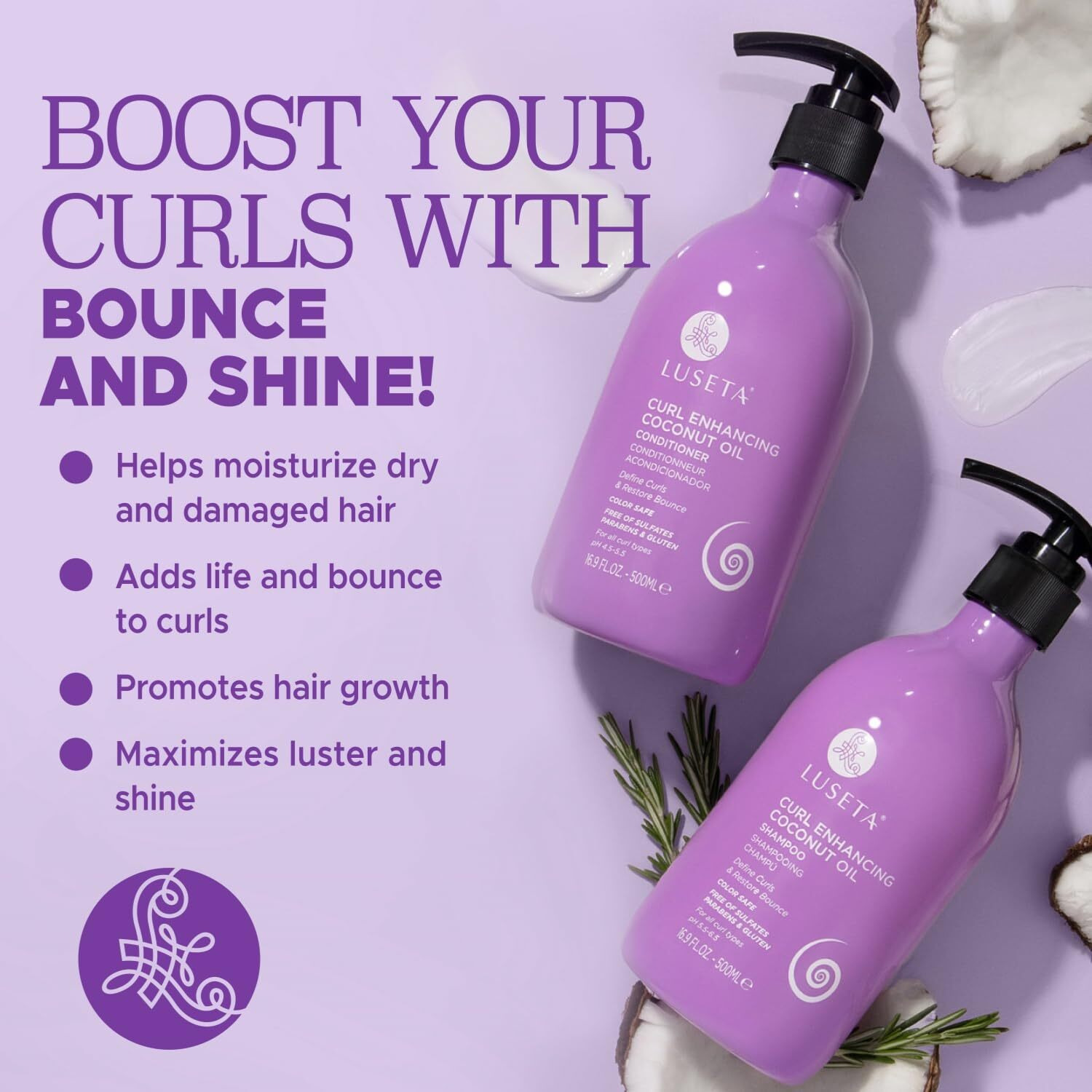 Luseta Curly Hair Shampoo & Conditioner Set With Coconut Oil, Unlimited Bounce And Definition For Wavy And Coily Hair, Reduce Frizz And Repair Dry Hair, For All Curl Types Sulfate Free 16.9Fl Oz    2