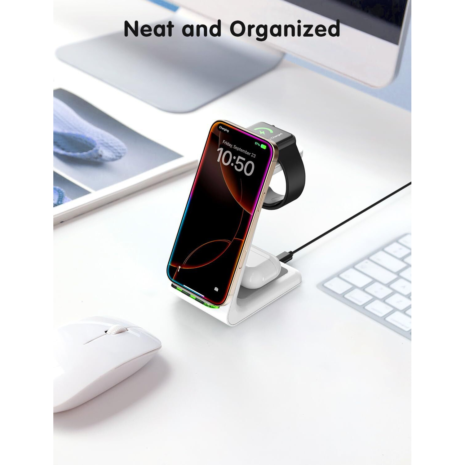 Joygeek 3 In 1 Wireless Charging Station For Apple, Wireless Charger Stand For Iphone 16/15/14/13/12/11/Se/X/8 Pro Max Plus Mini, Charging Dock For Apple Watch Ultra/8/Se/7/6/5/4/3, Airpods Pro 2/3/2
