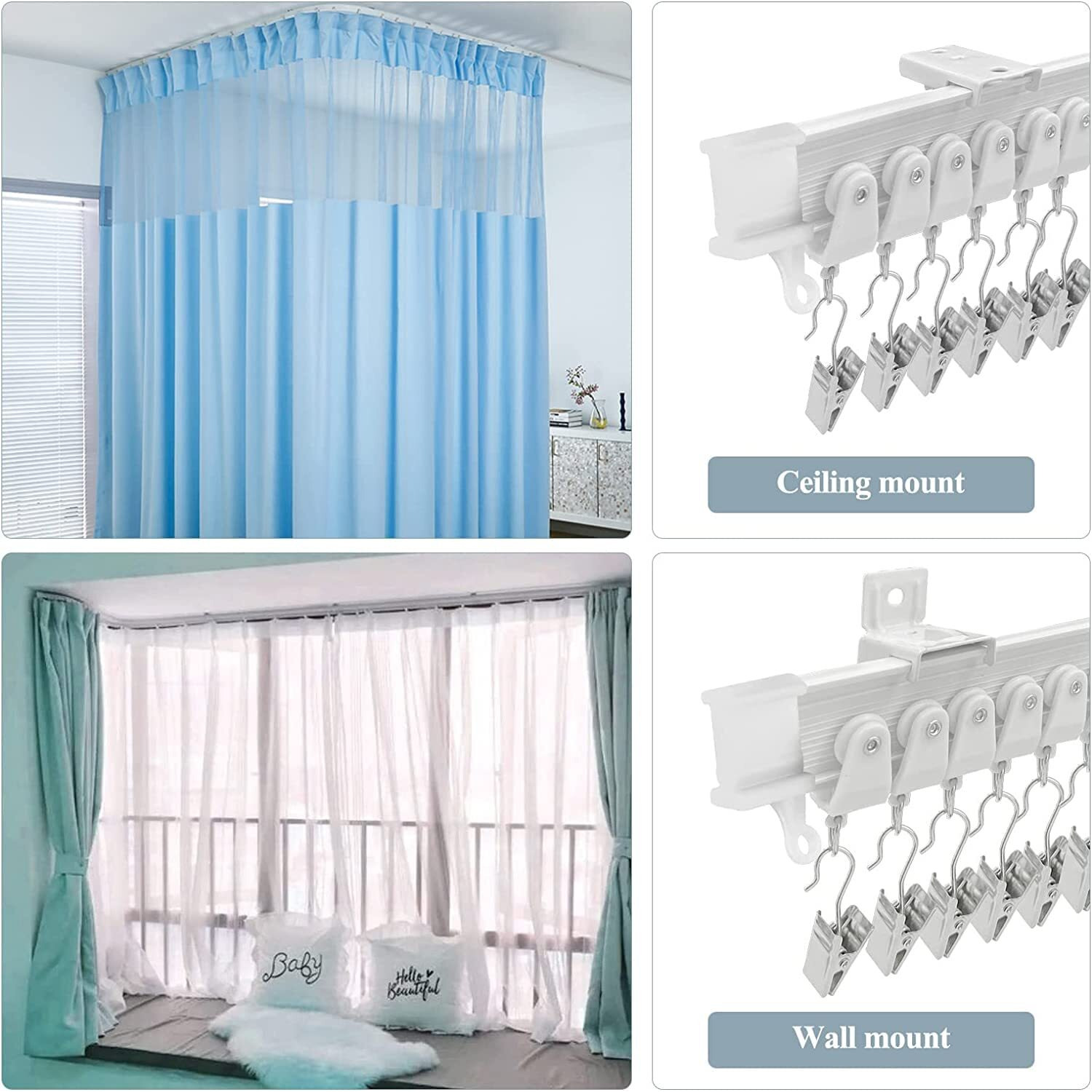 Ceiling Curtain Track, Flexible Bendable Drop Sliding Ceiling Curtain Track Room Divider Curved Ceiling Track System With Clips 10Ft Alloy Plastic Curtain Track Ceiling Wall Mount For Bay Window