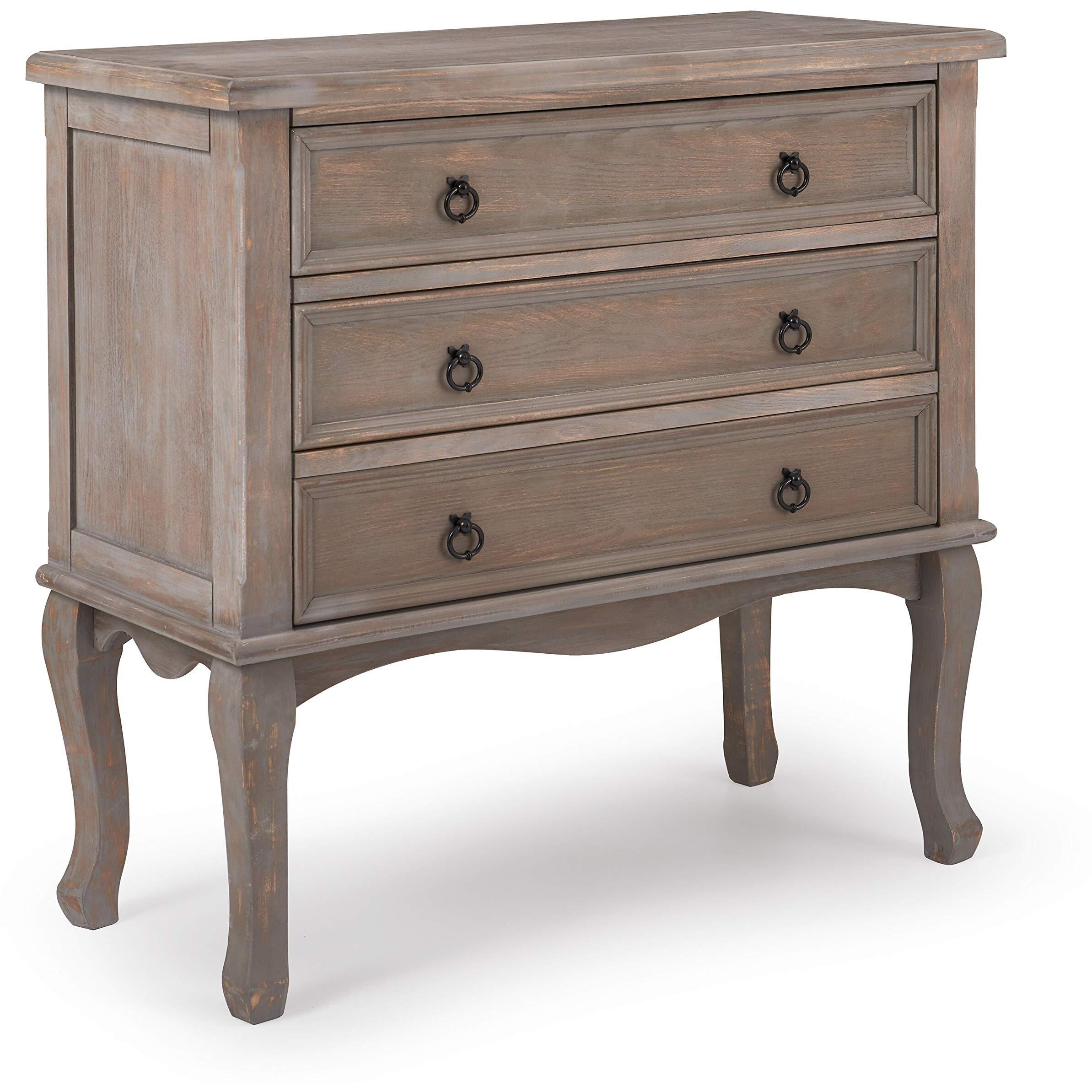 Clickdecor Thomas Antique Country Style Dresser Chest With 3 Drawers, Weathered Wood Nightstand Living Room Accent Furniture, Black Ring Handle, Curved Legs, Grey