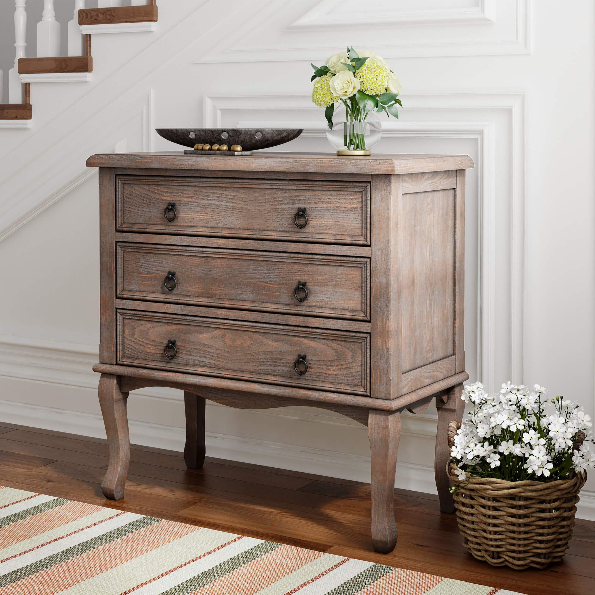 Clickdecor Thomas Antique Country Style Dresser Chest With 3 Drawers, Weathered Wood Nightstand Living Room Accent Furniture, Black Ring Handle, Curved Legs, Grey