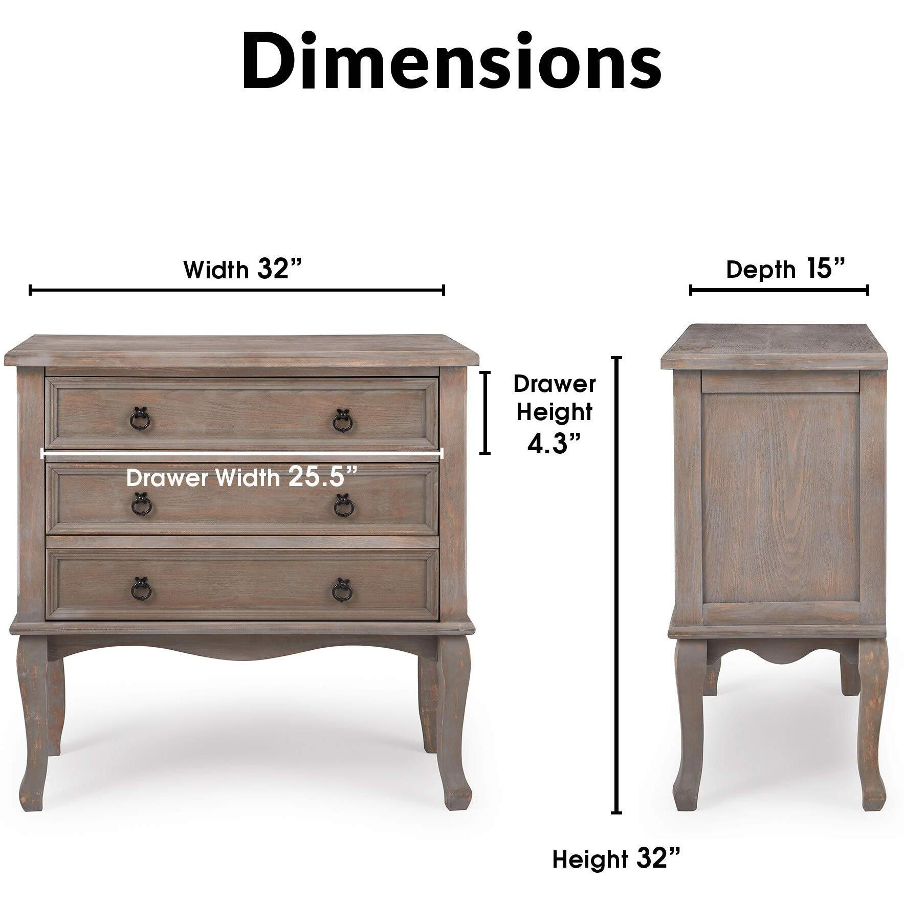 Clickdecor Thomas Antique Country Style Dresser Chest With 3 Drawers, Weathered Wood Nightstand Living Room Accent Furniture, Black Ring Handle, Curved Legs, Grey