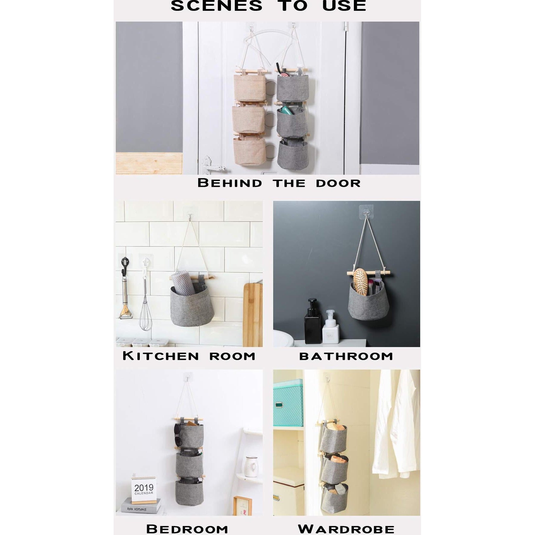Aarainbow 1 Pack Mini Cotton Linen Fabric Closet Washable Hanging Storage Bag With 5 Pockets Over The Wall Door Organizer For Room Bathroom (Gray)