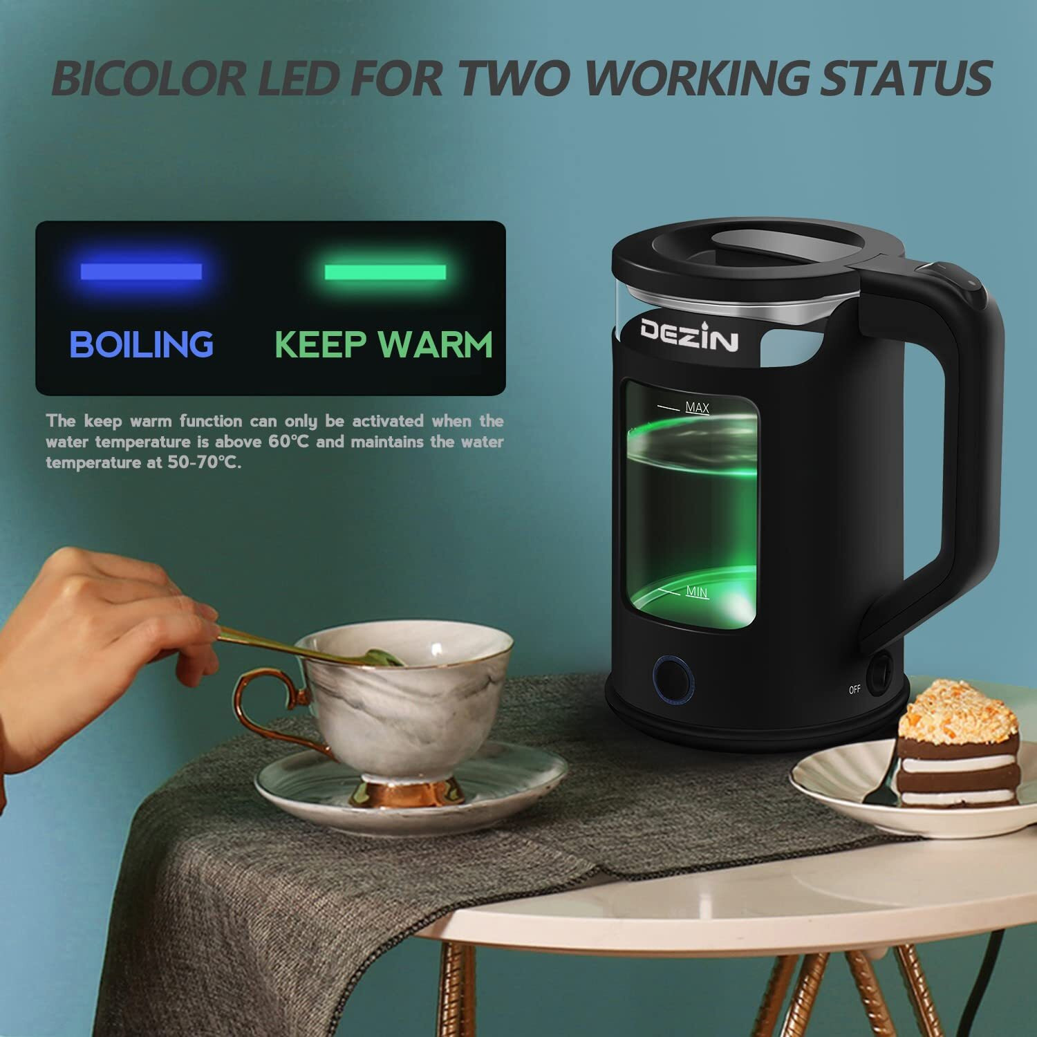 Dezin Electric Kettle With Keep Warm Function, Bpa Free Window-Glass Double Wall Design Electric Tea Kettle, Bicolor Led, 1.5L Hot Water Kettle With Auto Shut-Off And Boil Dry Protection Tech