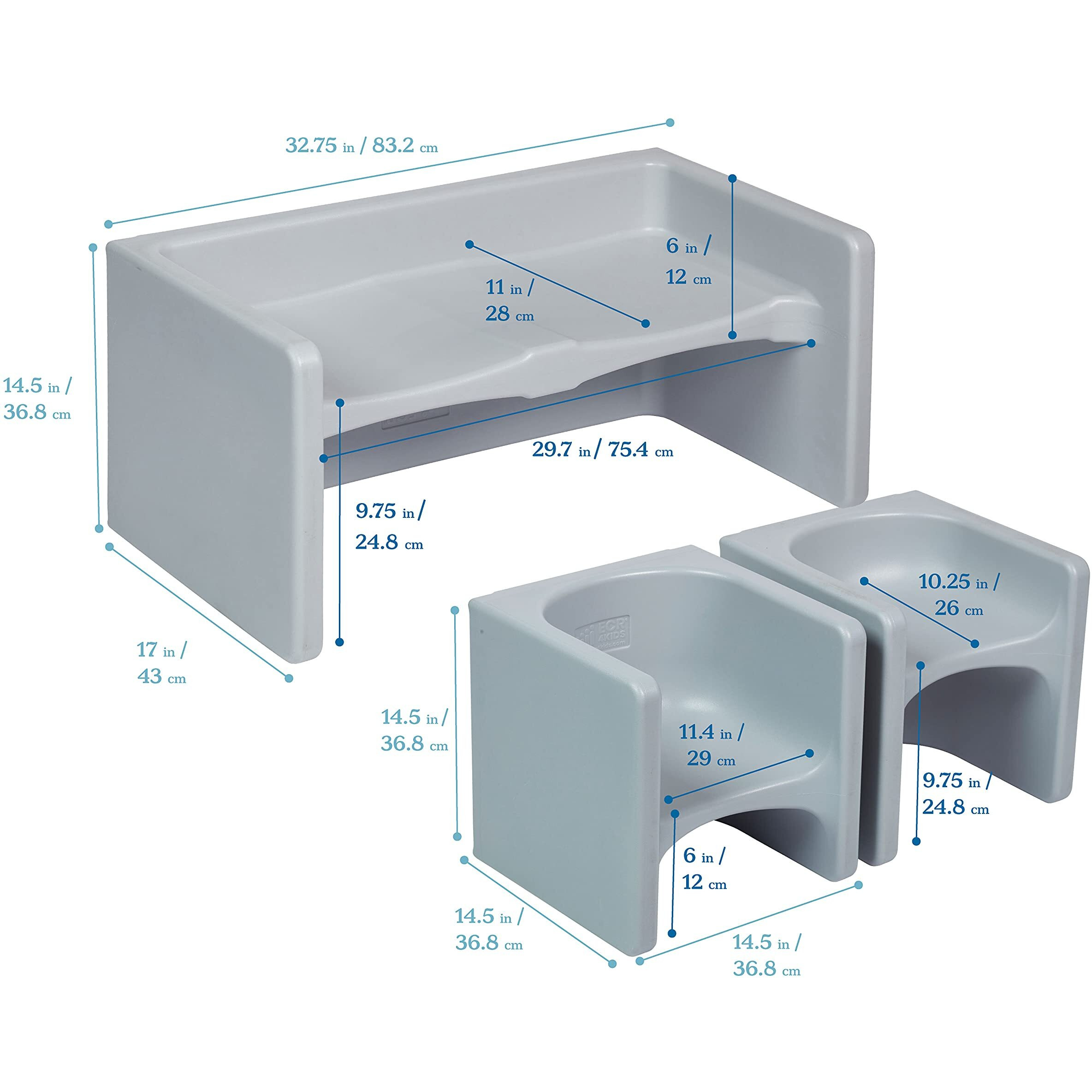Ecr4Kids Tri-Me Table And Cube Chair Set, Multipurpose Furniture, Light Grey, 3-Piece