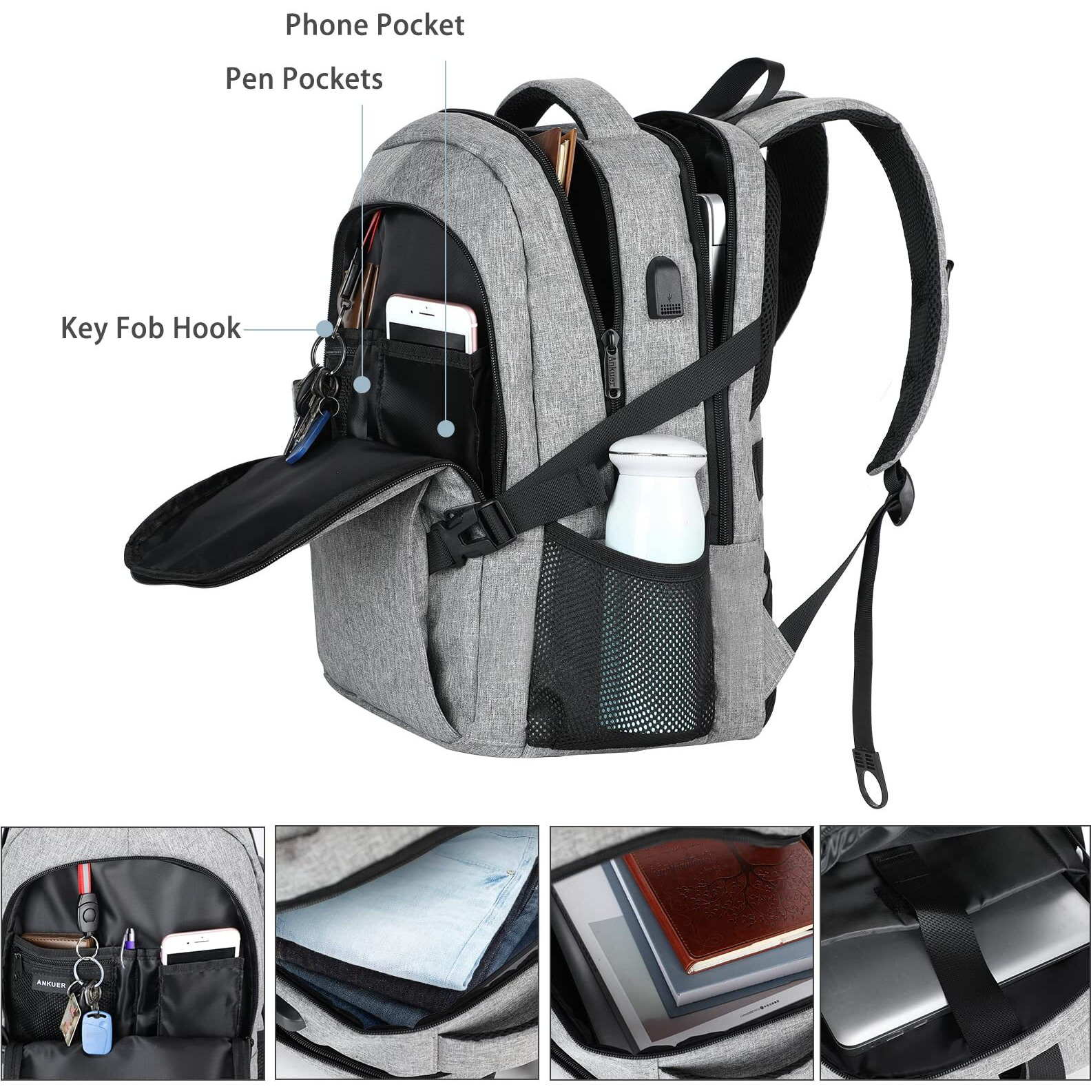 Ankuer Backpacks For Men Women, Backpack Fits Up 15.6 In Laptop Backpack For Travel, Backpacks With Usb Charging Port, Work Business Backpack For Women (Grey)