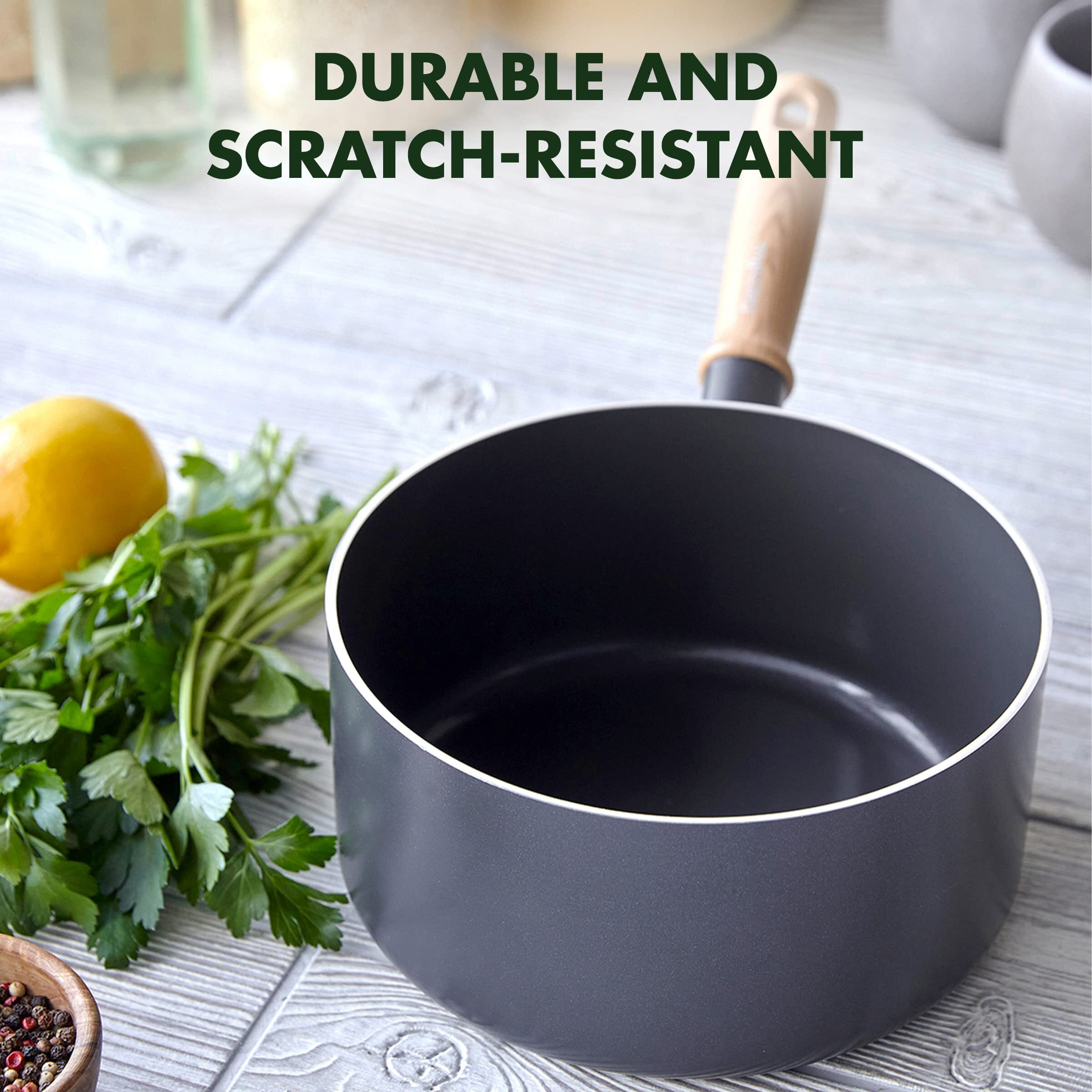 Greenpan Hudson Healthy Ceramic Nonstick, 1.6 Qt Saucepan Pot, Vintage Wood Inspired Handle, Pfas-Free, Dishwasher Safe, Black