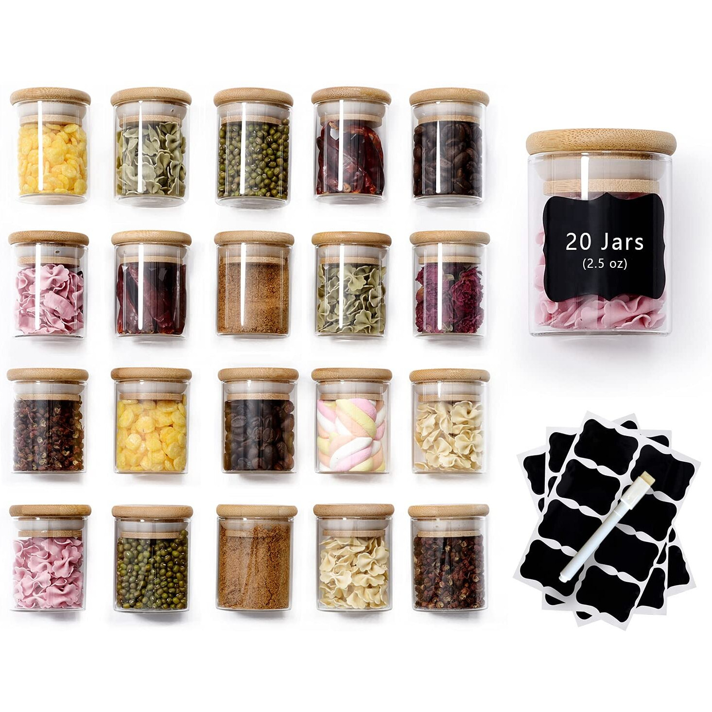 Zpgxlrz 20 Pcs Glass Spice Jars With Airtight Bamboo Lids, Labels And Pen, 2.5Oz Mini Clear Food Storage Containers For The Pantry, Kitchen Canisters For Tea, Herbs, Sugar, Salt, Coffee And More