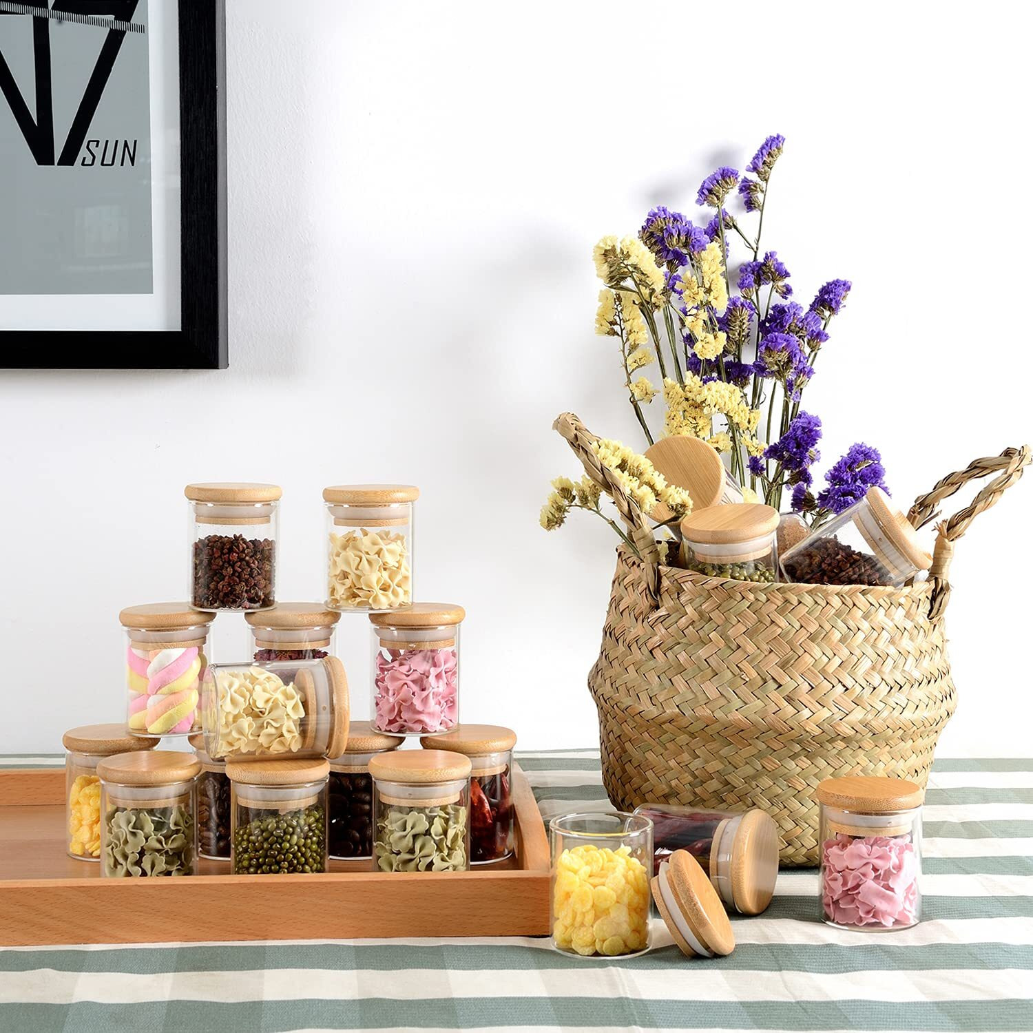 Zpgxlrz 20 Pcs Glass Spice Jars With Airtight Bamboo Lids, Labels And Pen, 2.5Oz Mini Clear Food Storage Containers For The Pantry, Kitchen Canisters For Tea, Herbs, Sugar, Salt, Coffee And More