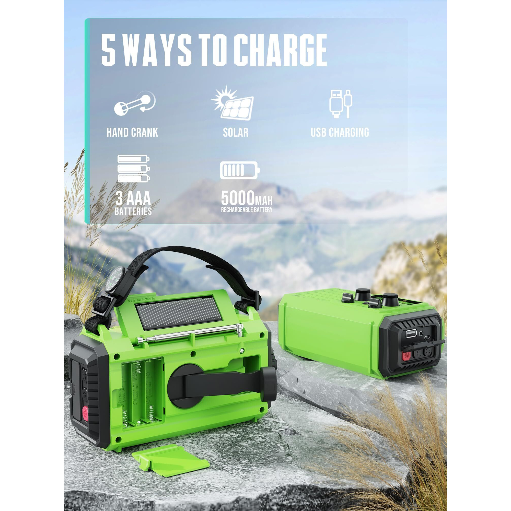 18500Mwh Emergency Radio, Hand Crank Solar Noaa Weather Radio, Am/Fm Portable Battery Operated Radio With 5-Way Power, Phone Charger, Flashlight& Lamp,Compass,Earbud Jack,Sos Alert For Home, Survival