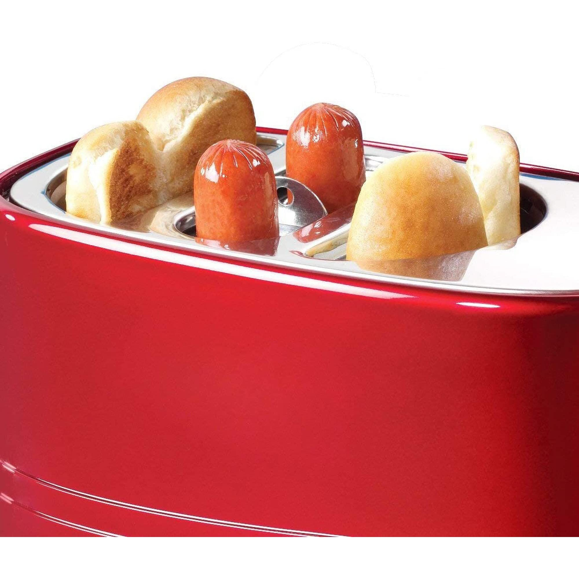 Nostalgia Adjustable 5 Setting Retro Pop Up Hot Dog Toaster, Fits 2 Regular Or Extra Plump Hot Dogs And 2 Buns With Removable Cage And Mini Tongs, Red