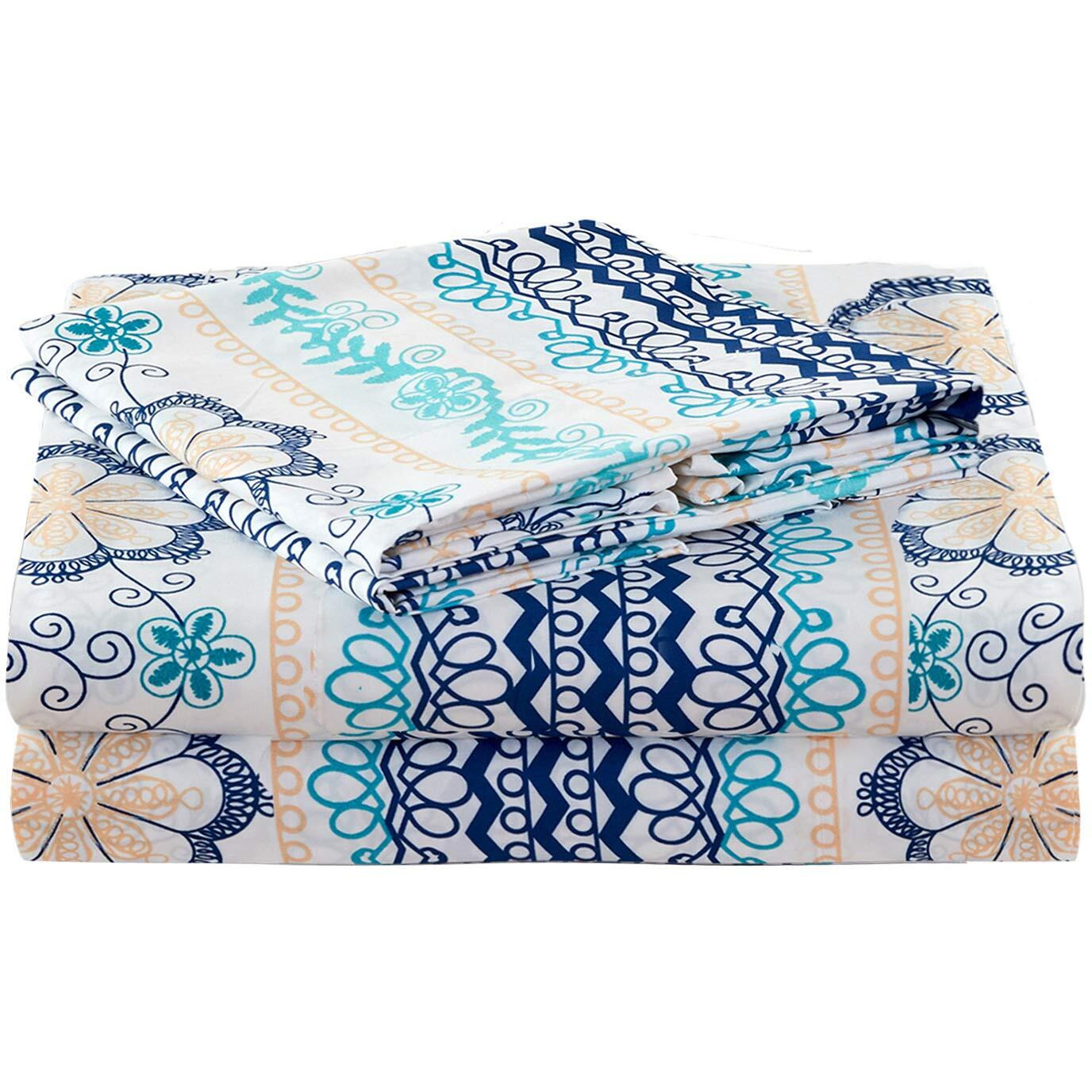 Jsd Blue Boho Printed Sheet Set King Size, 4 Piece Soft Floral Microfiber Sheets Extra Deep Pocket