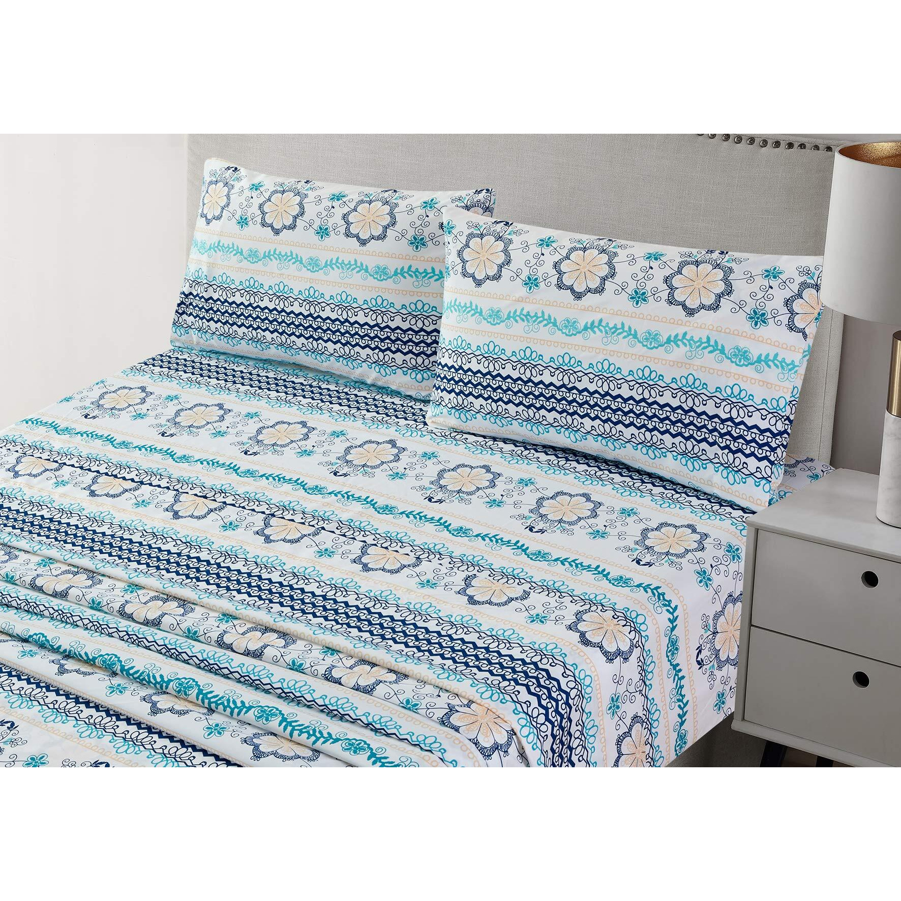 Jsd Blue Boho Printed Sheet Set King Size, 4 Piece Soft Floral Microfiber Sheets Extra Deep Pocket