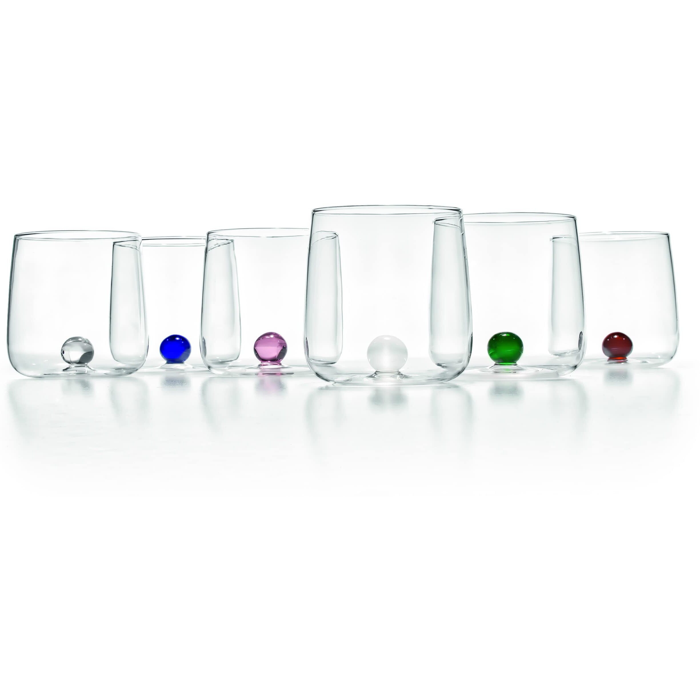 Zafferano Bilia Glass Tumbler - Handmade Transparent Glass 15 Ozs., Set Of 6 Pcs., Colorful Glass Ball (Color Amber)