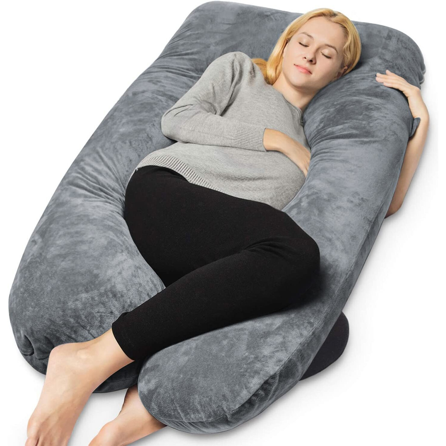 Queen Rose Pregnancy Pillows, U Shaped Full Body Pillow For Sleeping Support, 55 Inch Maternity Pillow For Pregnant Women With Removable Velvet Cover, Grey