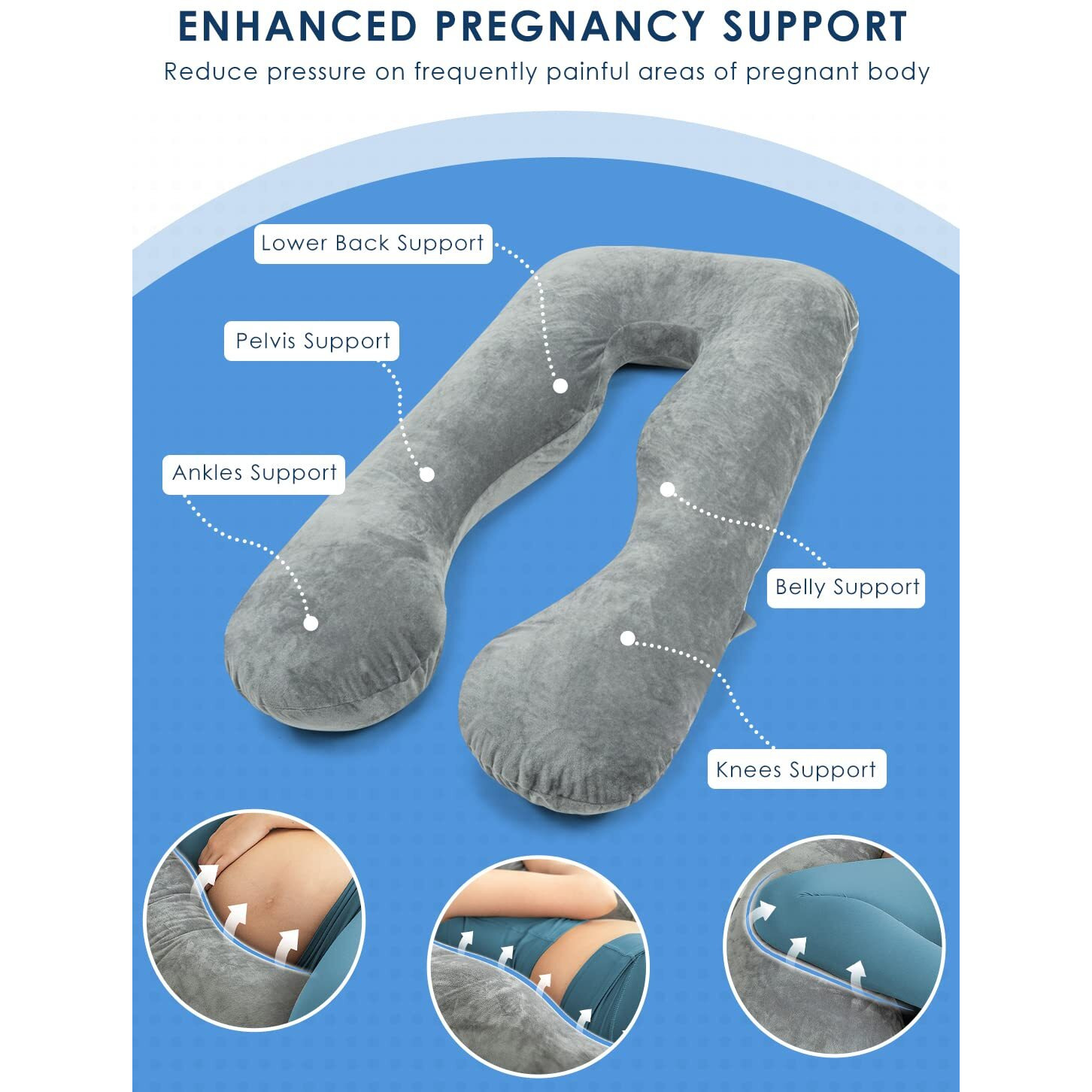 Queen Rose Pregnancy Pillows, U Shaped Full Body Pillow For Sleeping Support, 55 Inch Maternity Pillow For Pregnant Women With Removable Velvet Cover, Grey