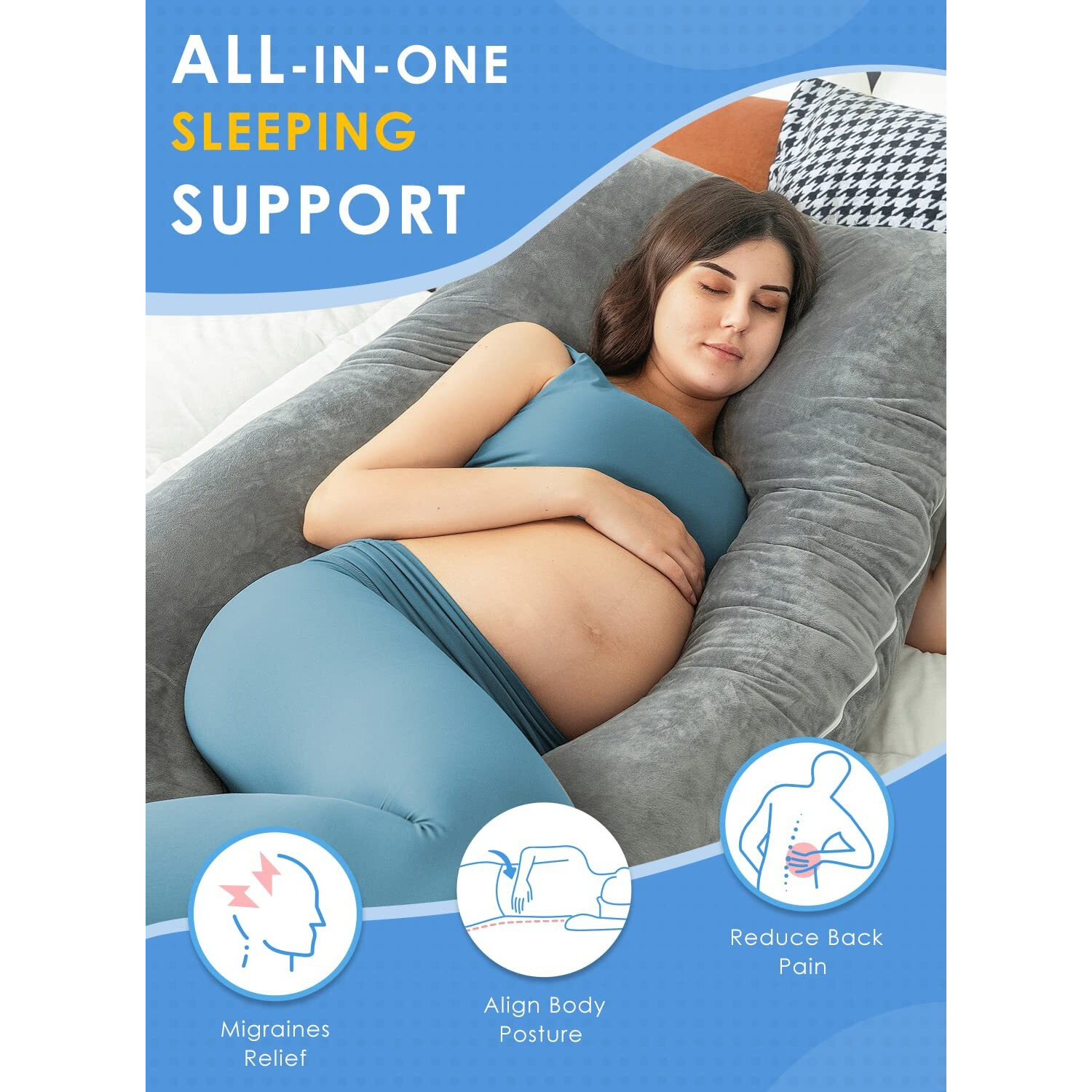 Queen Rose Pregnancy Pillows, U Shaped Full Body Pillow For Sleeping Support, 55 Inch Maternity Pillow For Pregnant Women With Removable Velvet Cover, Grey