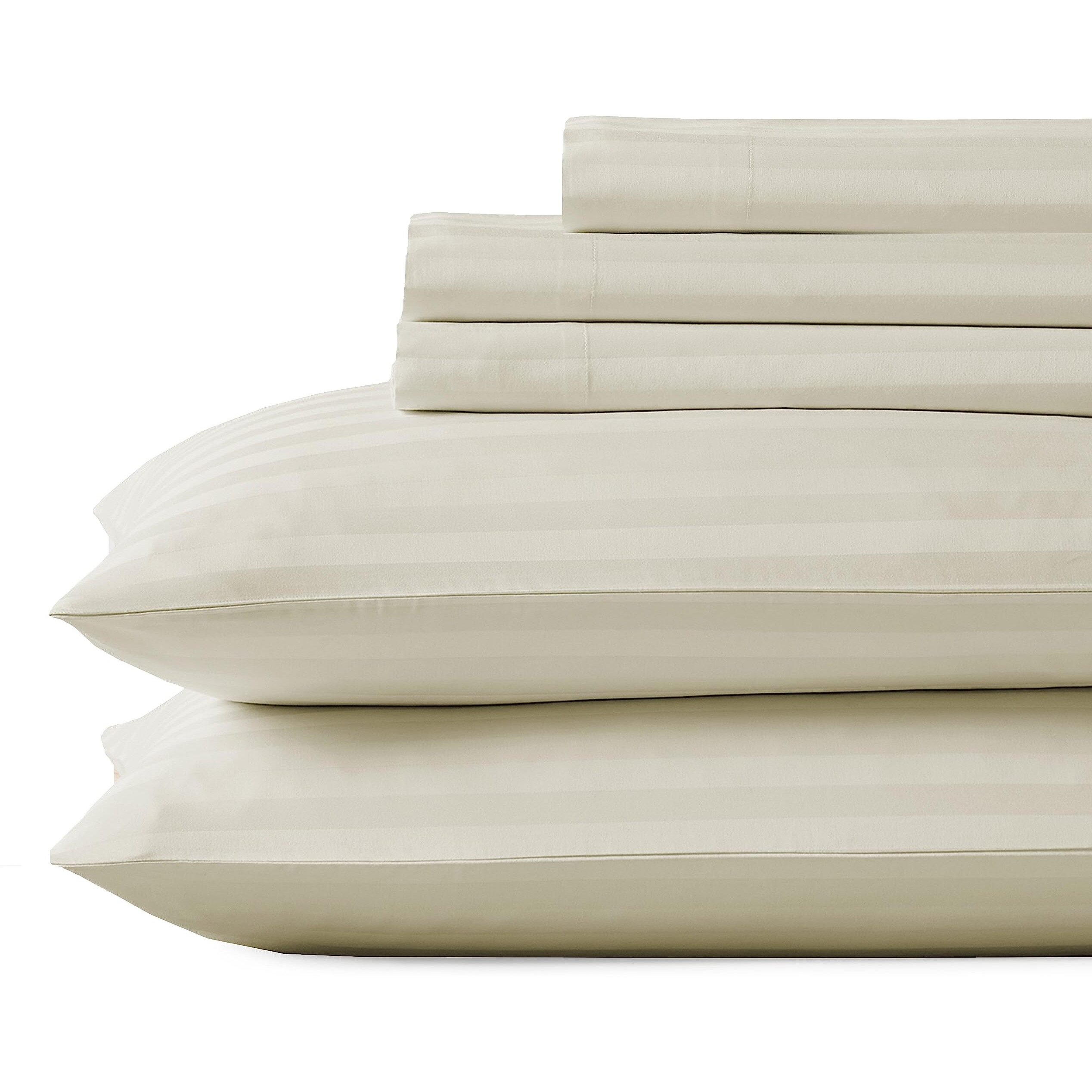 California Design Den 5 Piece Split King Size Sheet Set - 100% Cotton 500 Thread Count, Cooling Deep Pocket Bedding For Adjustable Bed, 2 Twin-Xl Fitted Elastic Sheets & Pillowcases - Striped Ivory