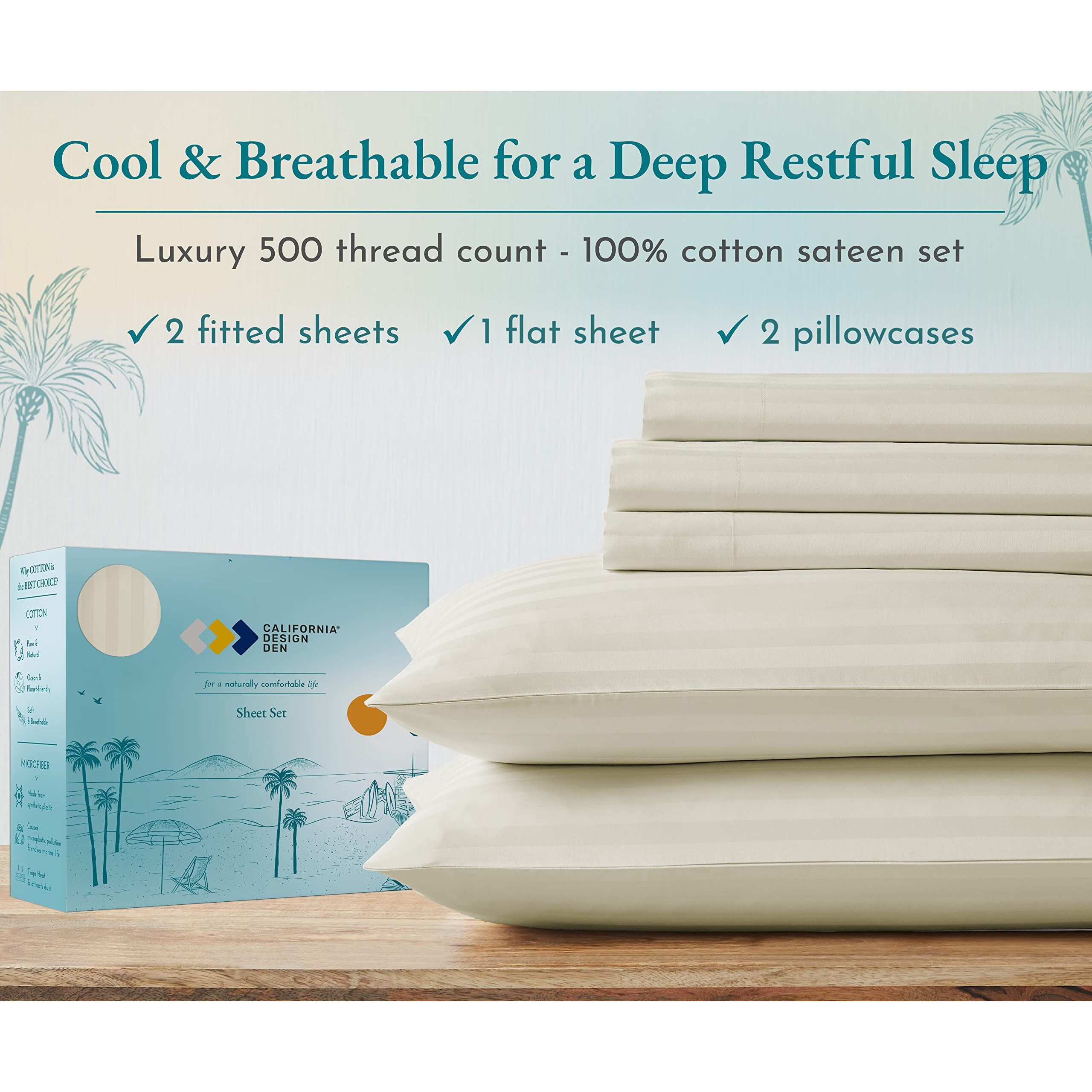 California Design Den 5 Piece Split King Size Sheet Set - 100% Cotton 500 Thread Count, Cooling Deep Pocket Bedding For Adjustable Bed, 2 Twin-Xl Fitted Elastic Sheets & Pillowcases - Striped Ivory