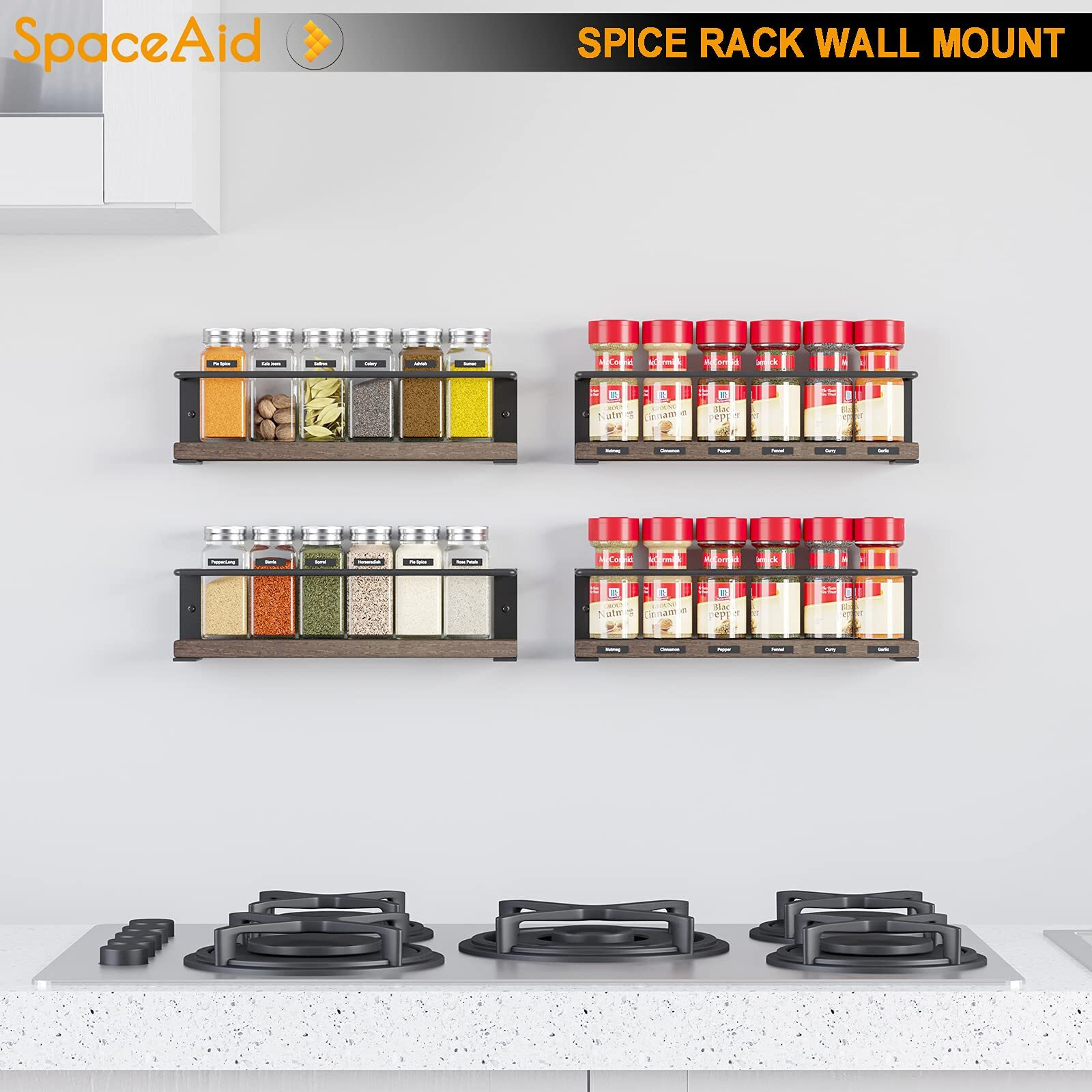Spaceaid Spice Rack Organizer For Cabinet Door Or Wall Mount (4 Pack) With 415 Spice Labels - Wood Hanging Seasoning Shelf For Cupboard Pantry Or Over The Stove