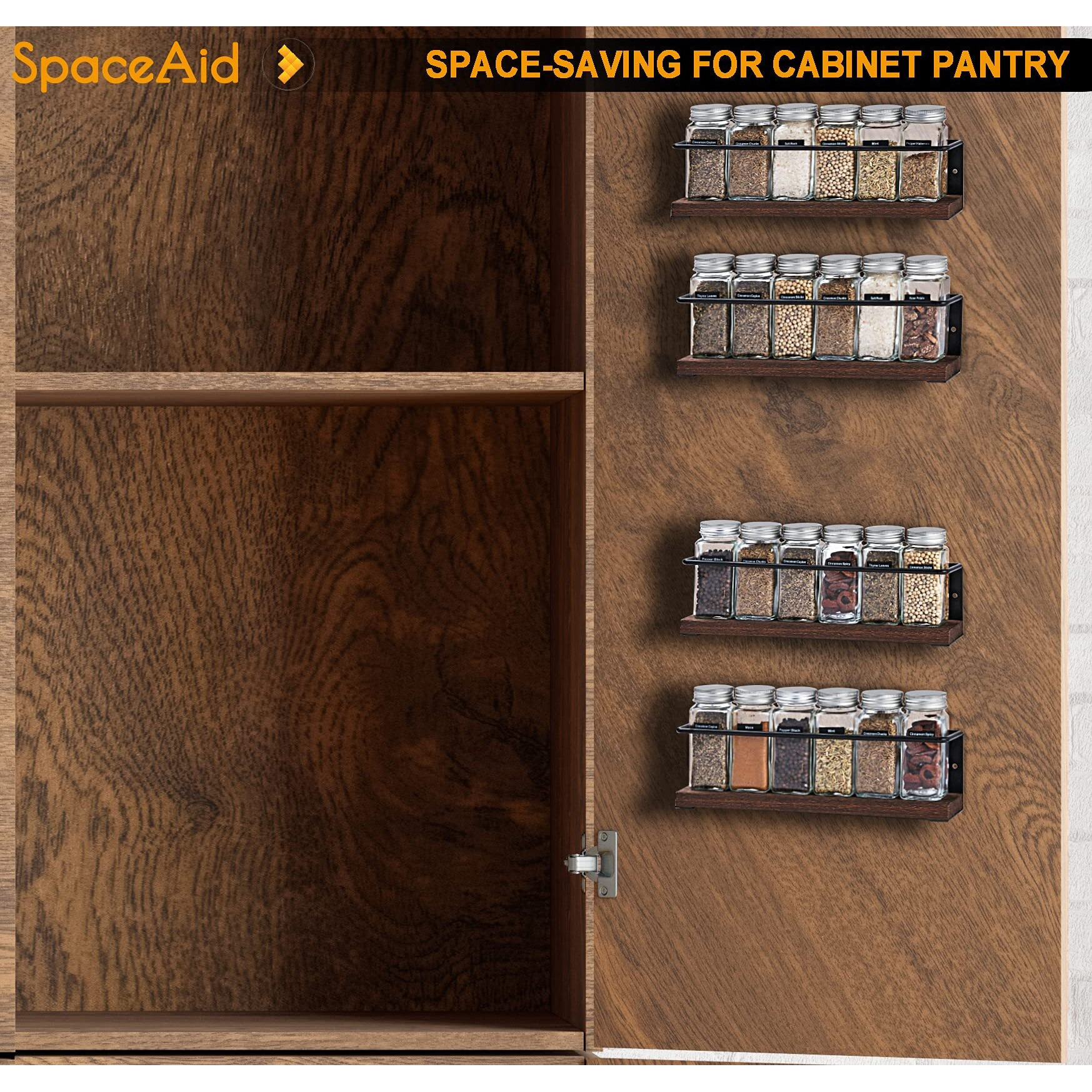 Spaceaid Spice Rack Organizer For Cabinet Door Or Wall Mount (4 Pack) With 415 Spice Labels - Wood Hanging Seasoning Shelf For Cupboard Pantry Or Over The Stove